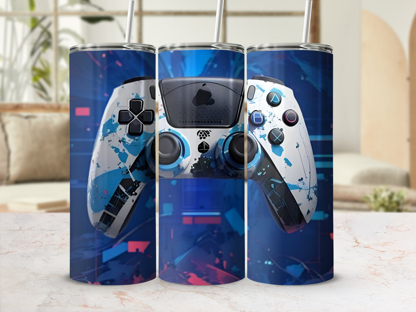Gaming controller tumbler with blue and white abstract design.