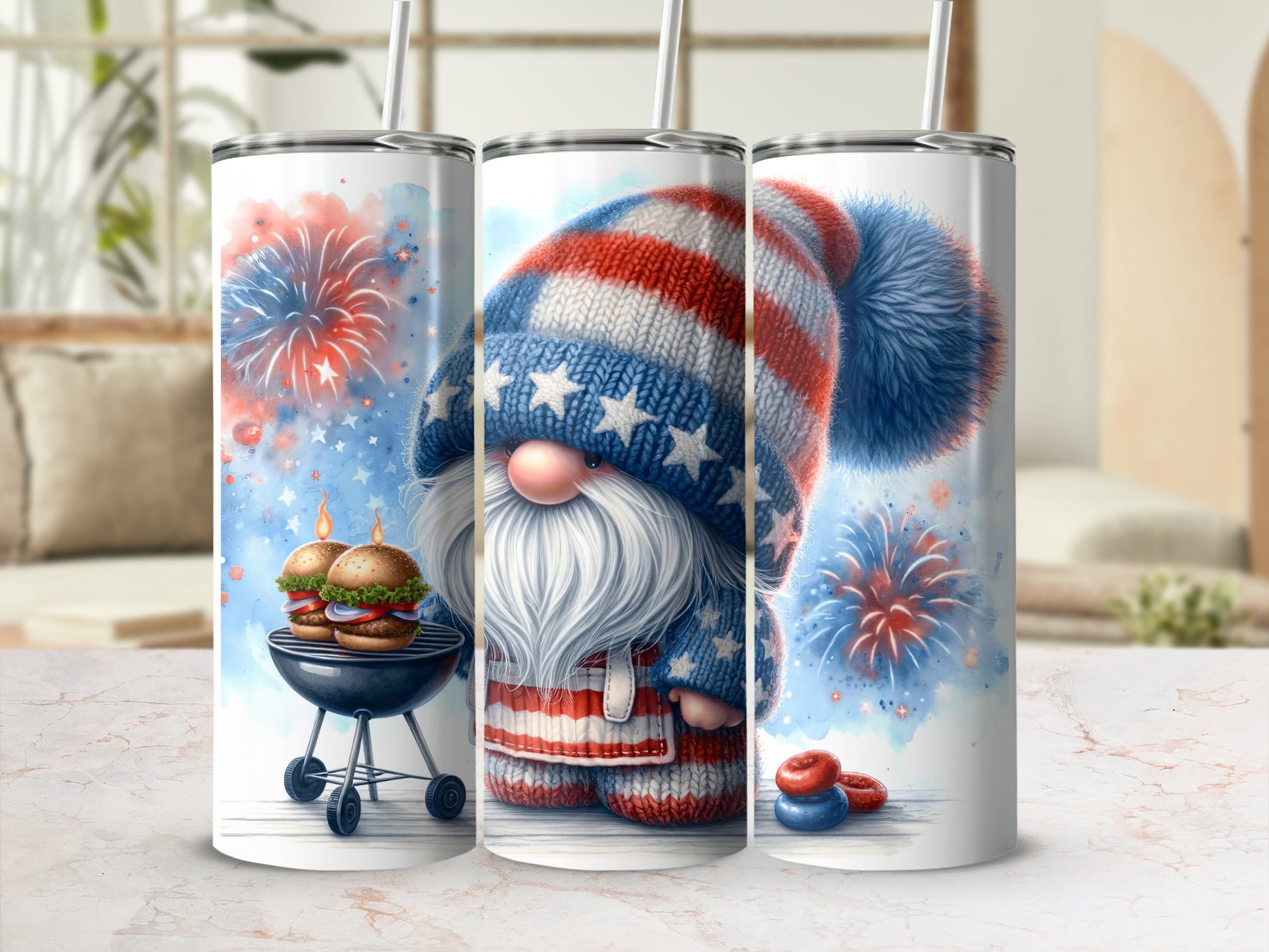 Gnome in patriotic sweater and hat with fireworks and burgers.
