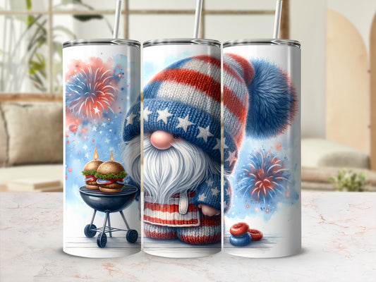 Gnome in patriotic sweater and hat with fireworks and burgers.