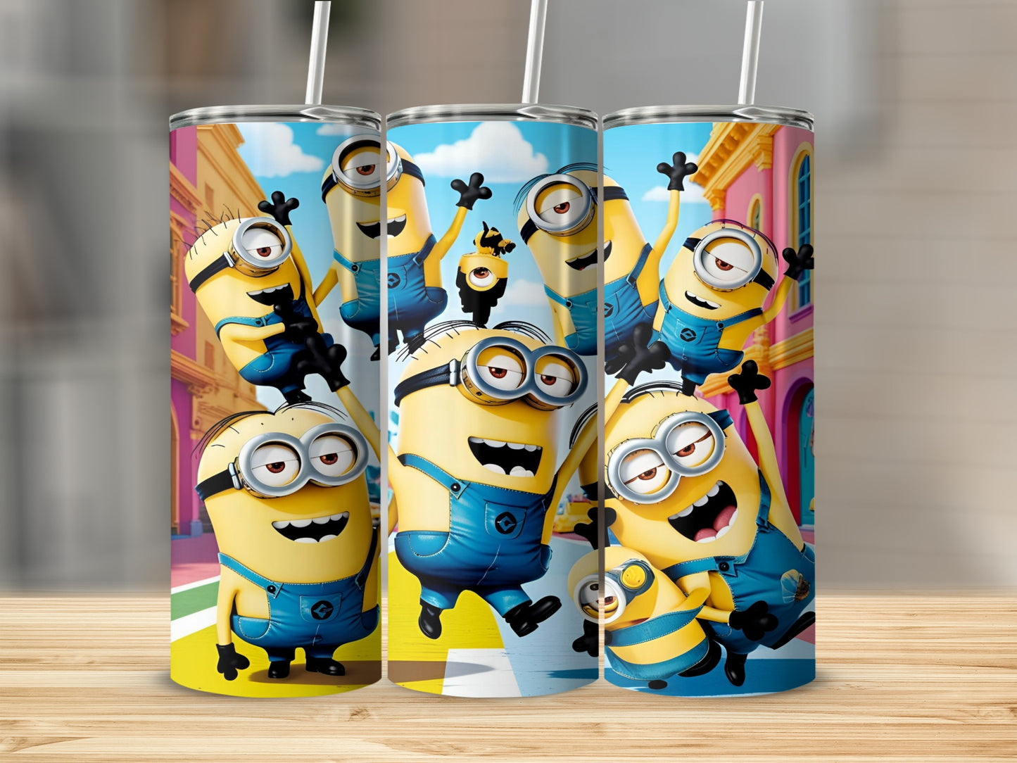Three Minions from Despicable Me in denim overalls, smiling and dancing.