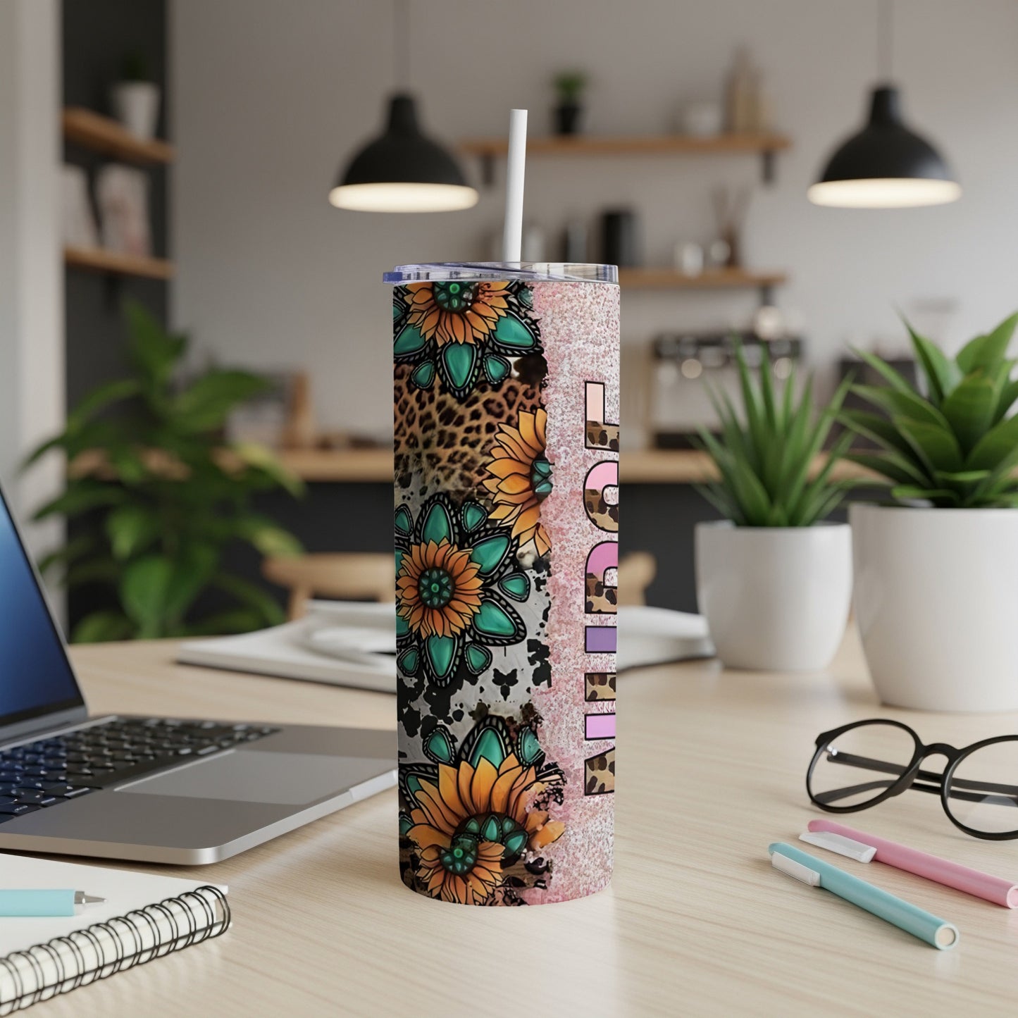 Glittery tumbler with leopard print and floral designs, personalized with "LOVE".