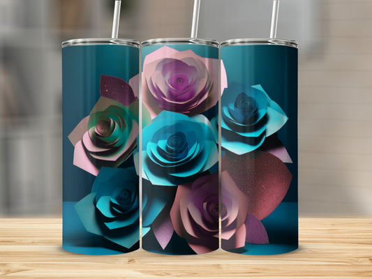 Three tumblers with a floral design of pink and teal paper roses.