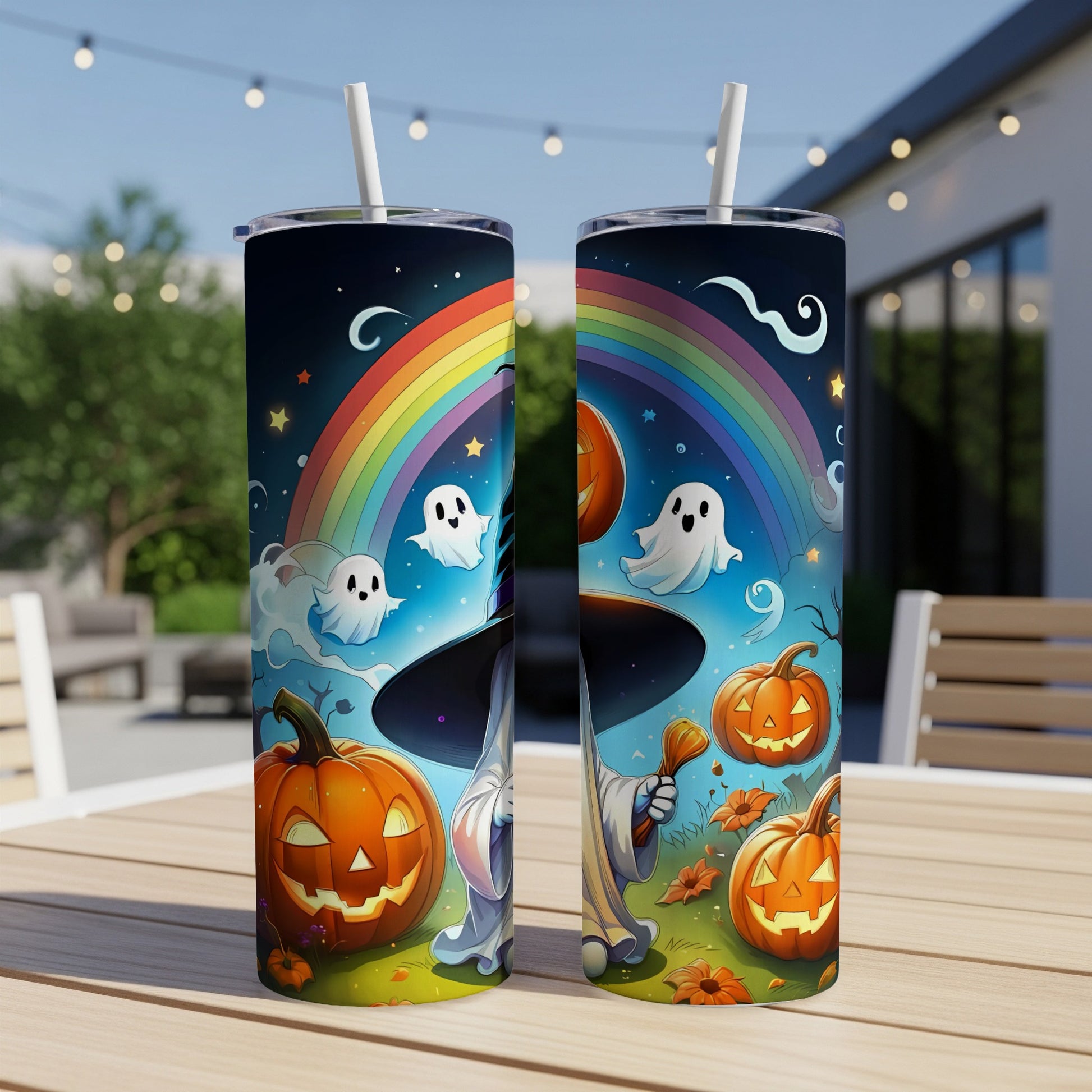 Two tumblers with a Halloween design featuring pumpkins, ghosts, and a rainbow.