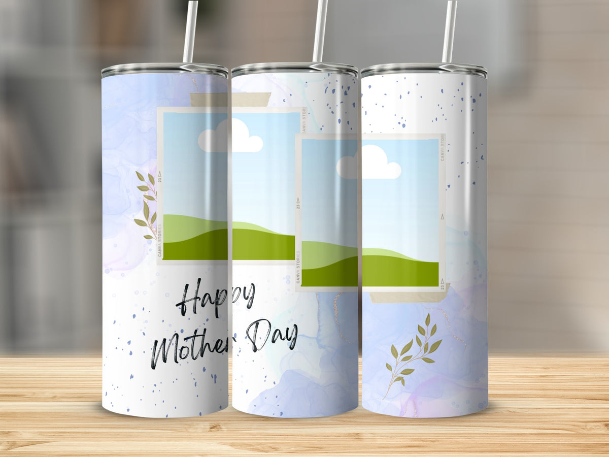 Three tumblers with "Happy Mother Day" text and floral accents.