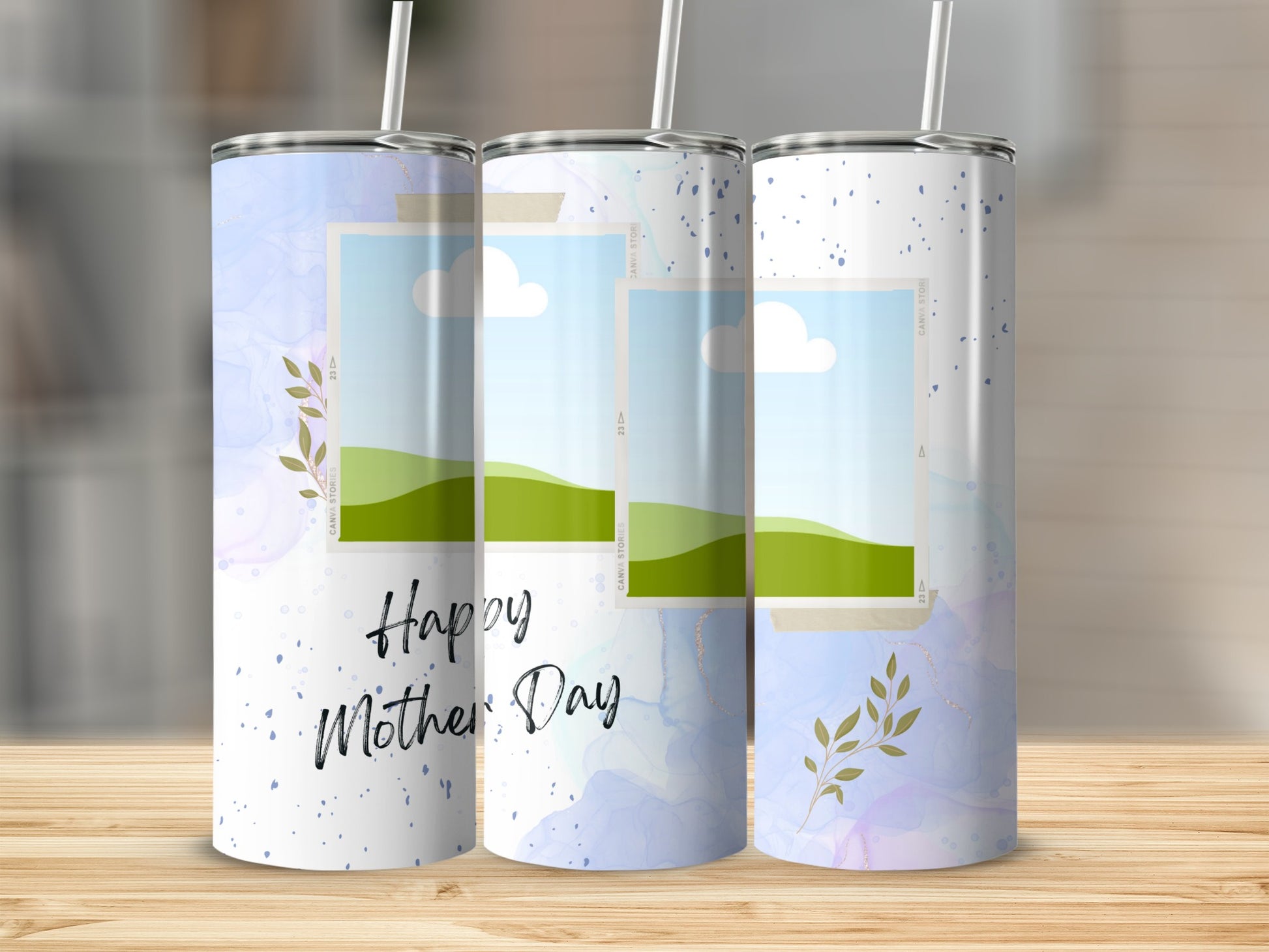 Three tumblers with "Happy Mother Day" text and floral accents.