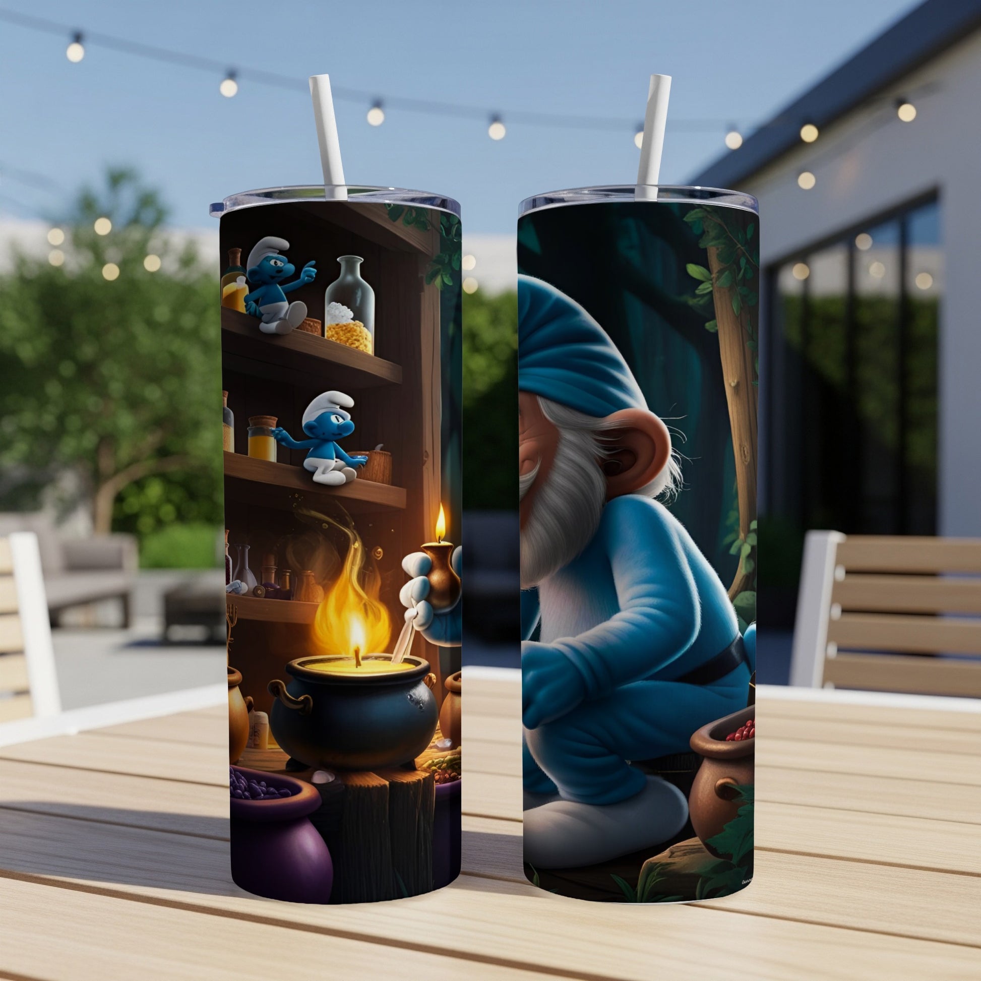 Gnome with potion, Smurf characters and bottles on a wooden shelf.