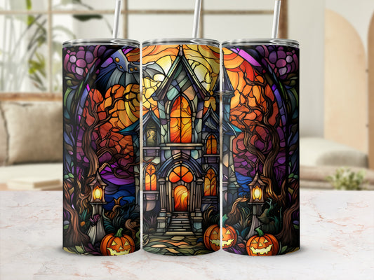 Gothic castle and pumpkins stained glass tumbler.