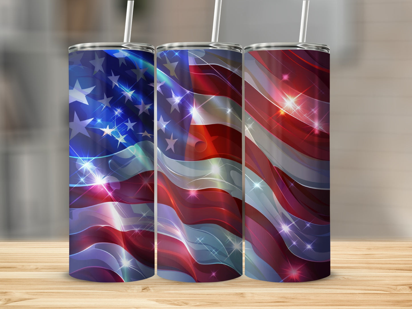 Three tumblers with American flag design and sparkling accents.