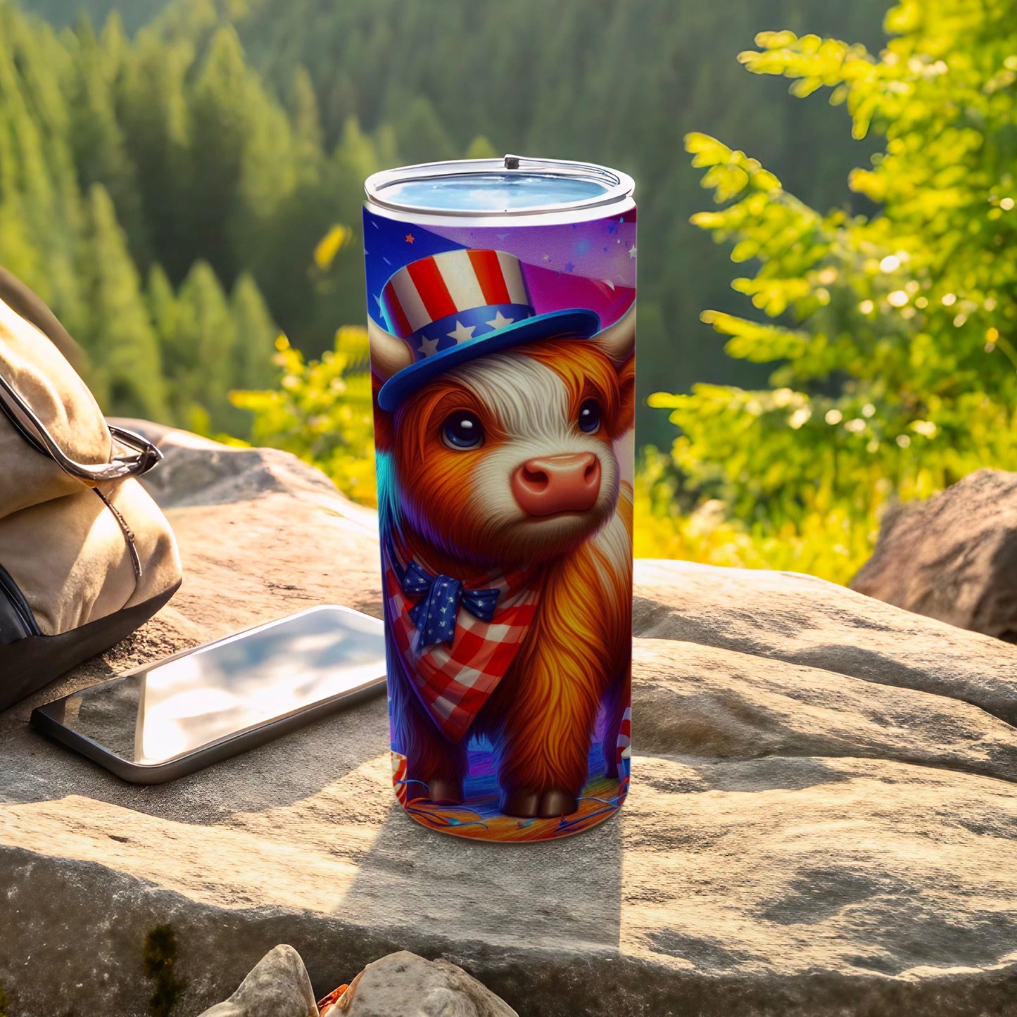 Cow wearing patriotic hat and bandana on a tumbler.