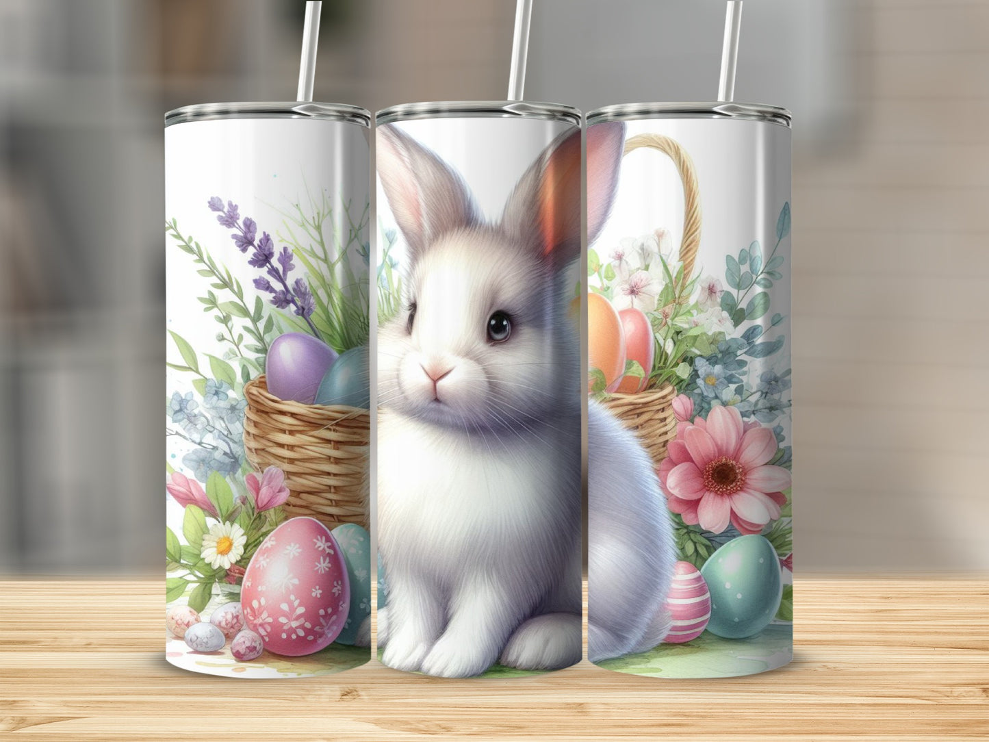 White bunny with colorful Easter eggs in a woven basket.