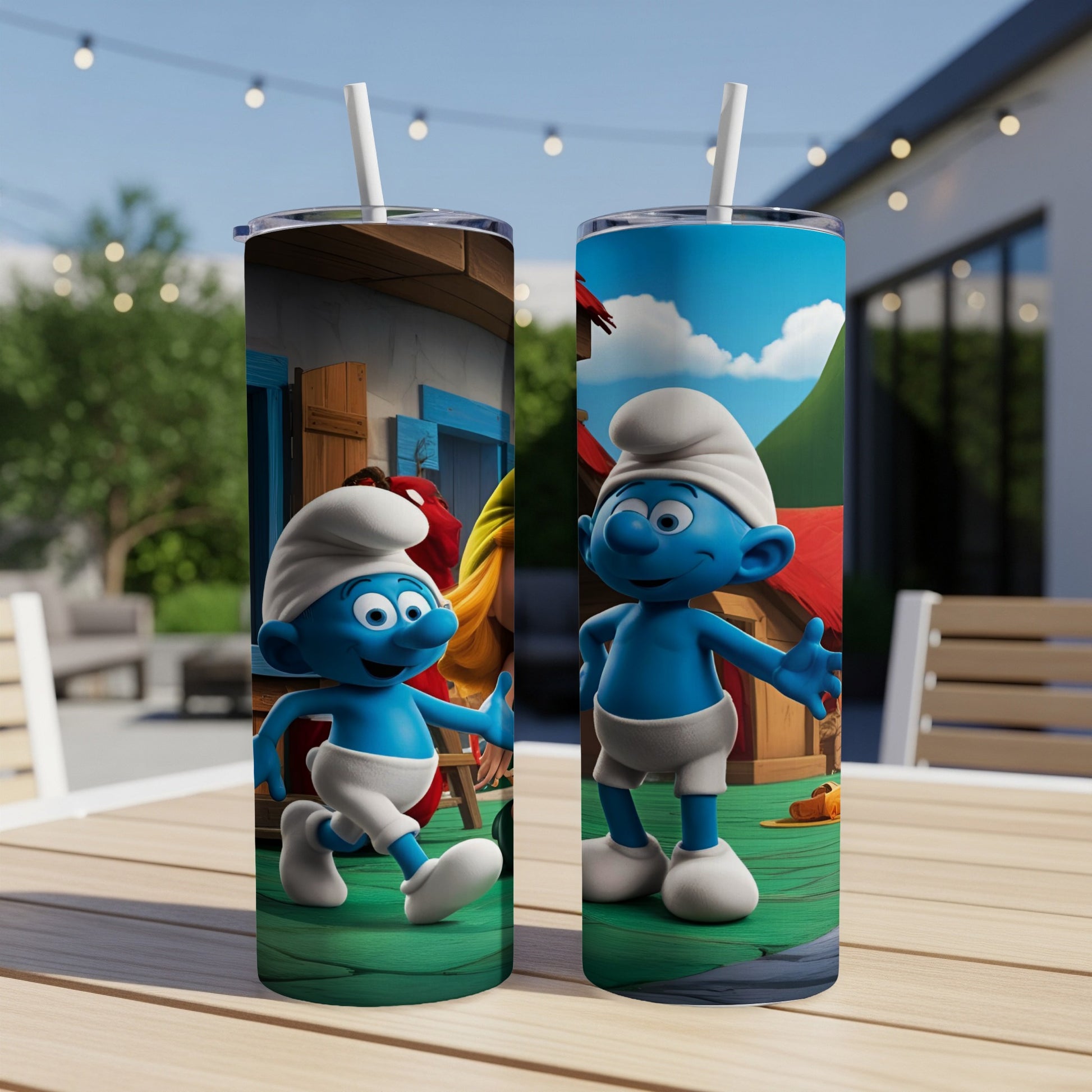 Two Smurfs tumblers with Smurfs characters and village background.