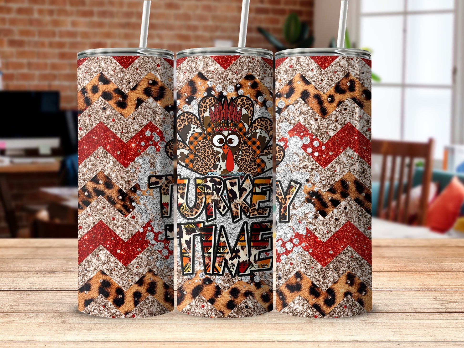 Three glittery tumblers with cheetah print, chevron, and "Turkey Time" text.