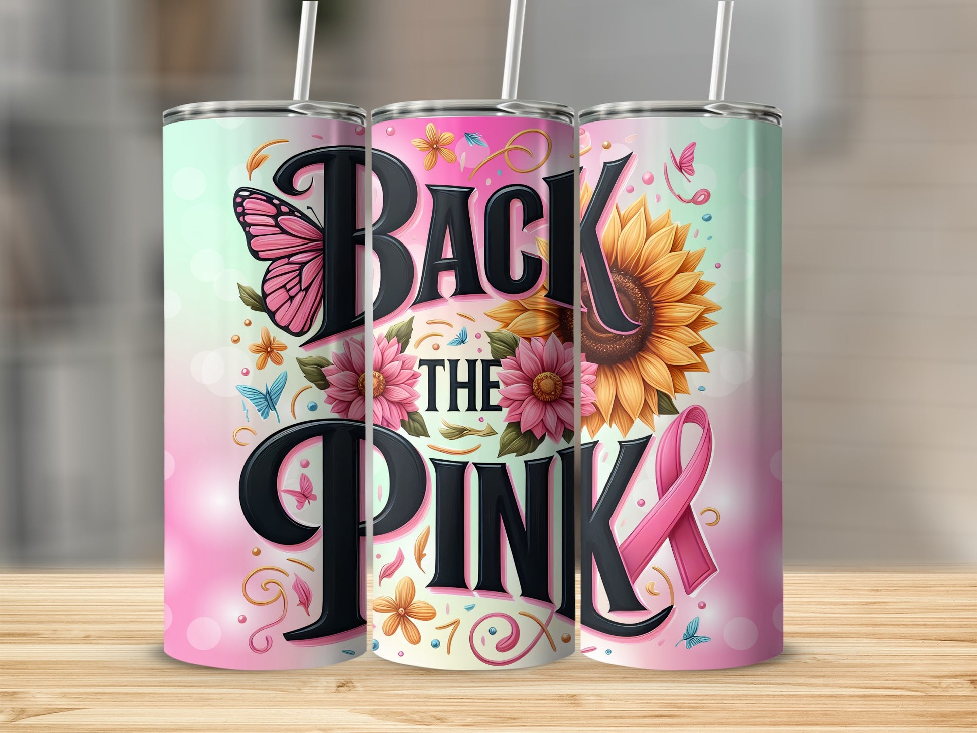 Pink ribbon tumbler with butterfly, sunflower, and "Back the Pink" text.