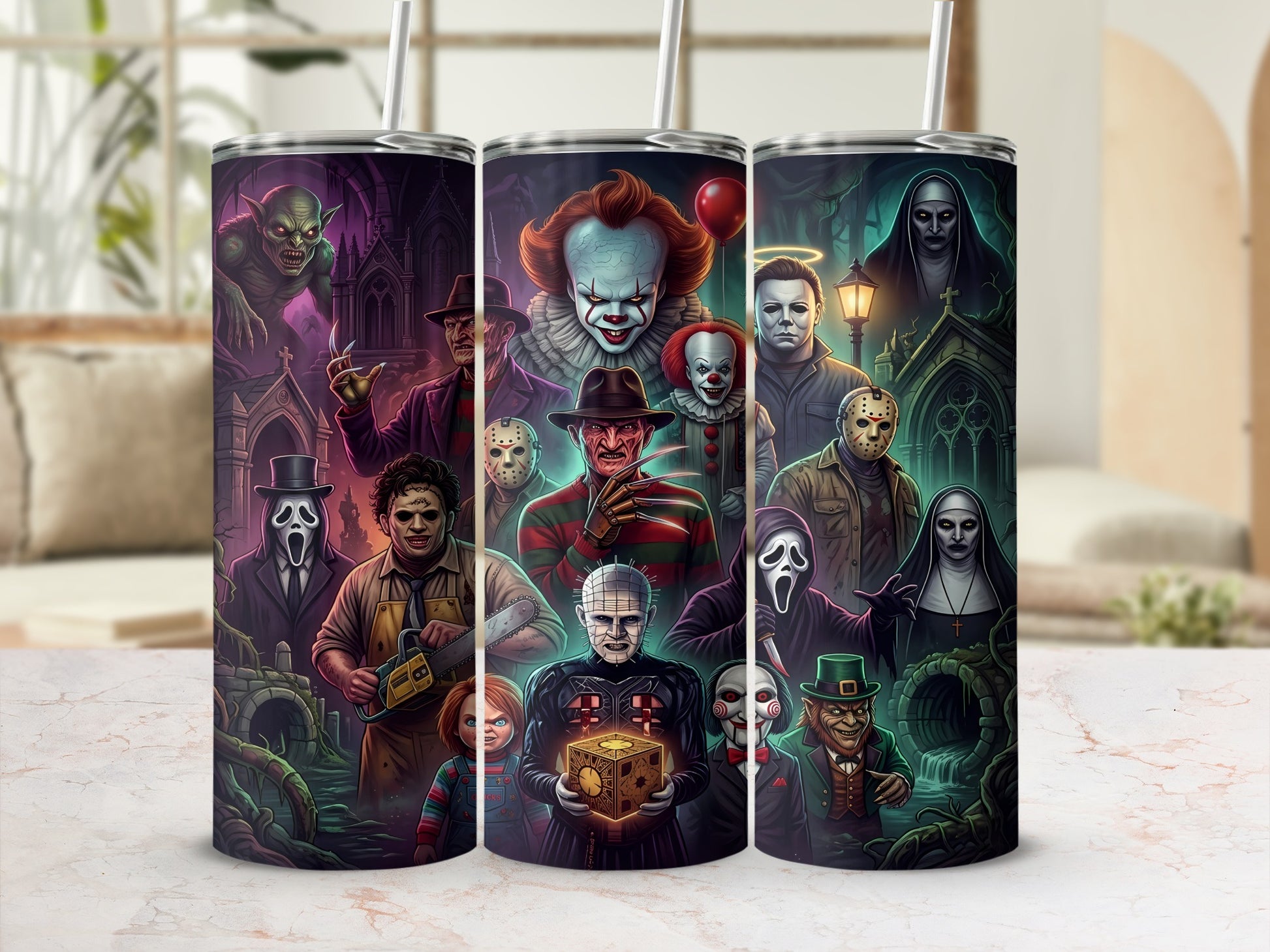 Tumbler featuring a collage of horror movie villains including Pennywise, Freddy Krueger, and Michael Myers.