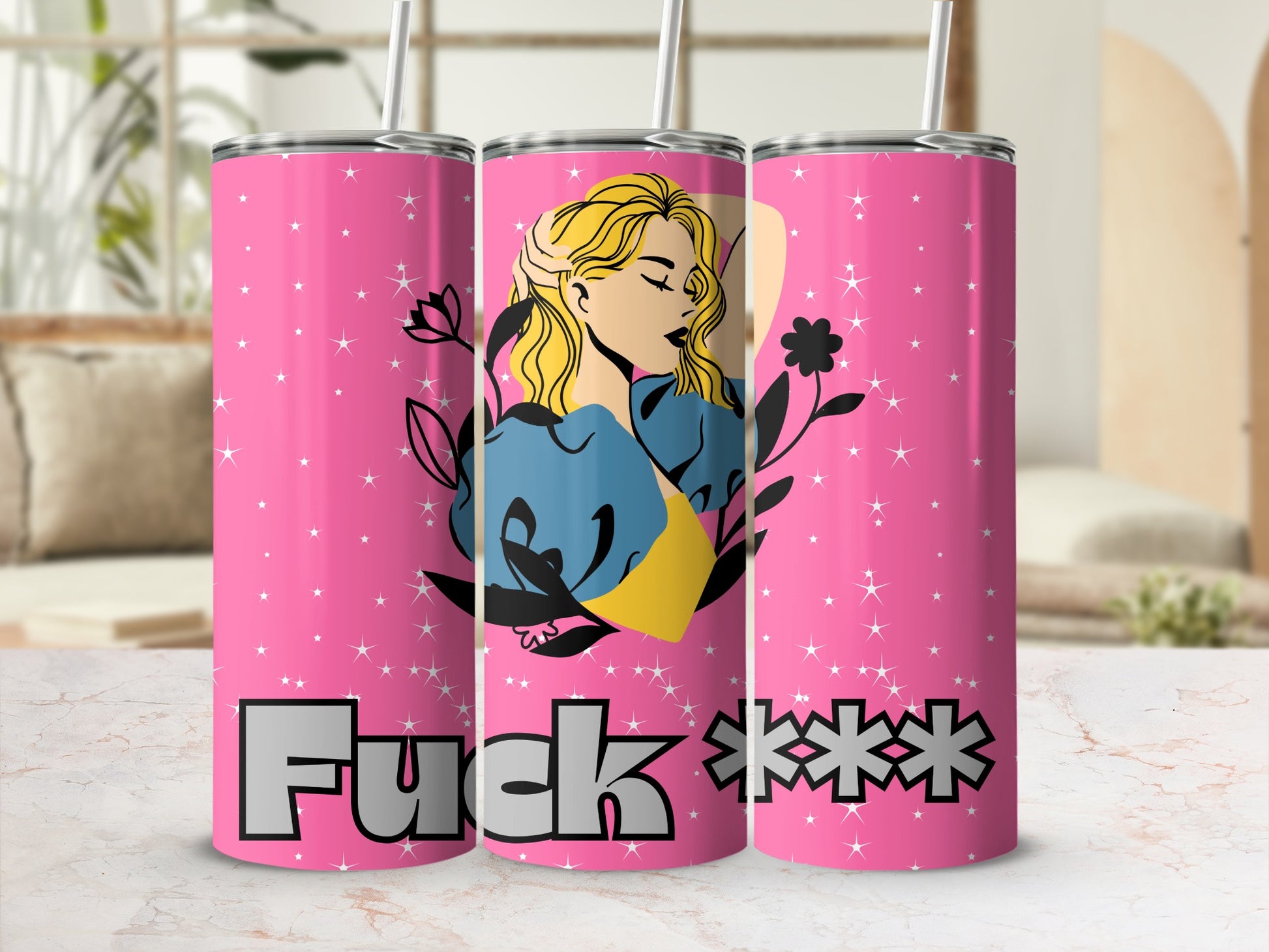 Pink Tumbler with Bold Graphics and Censored Text
