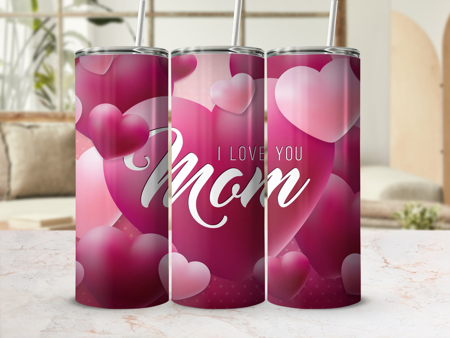 I Love You Mom Pink Hearts Design Tumbler