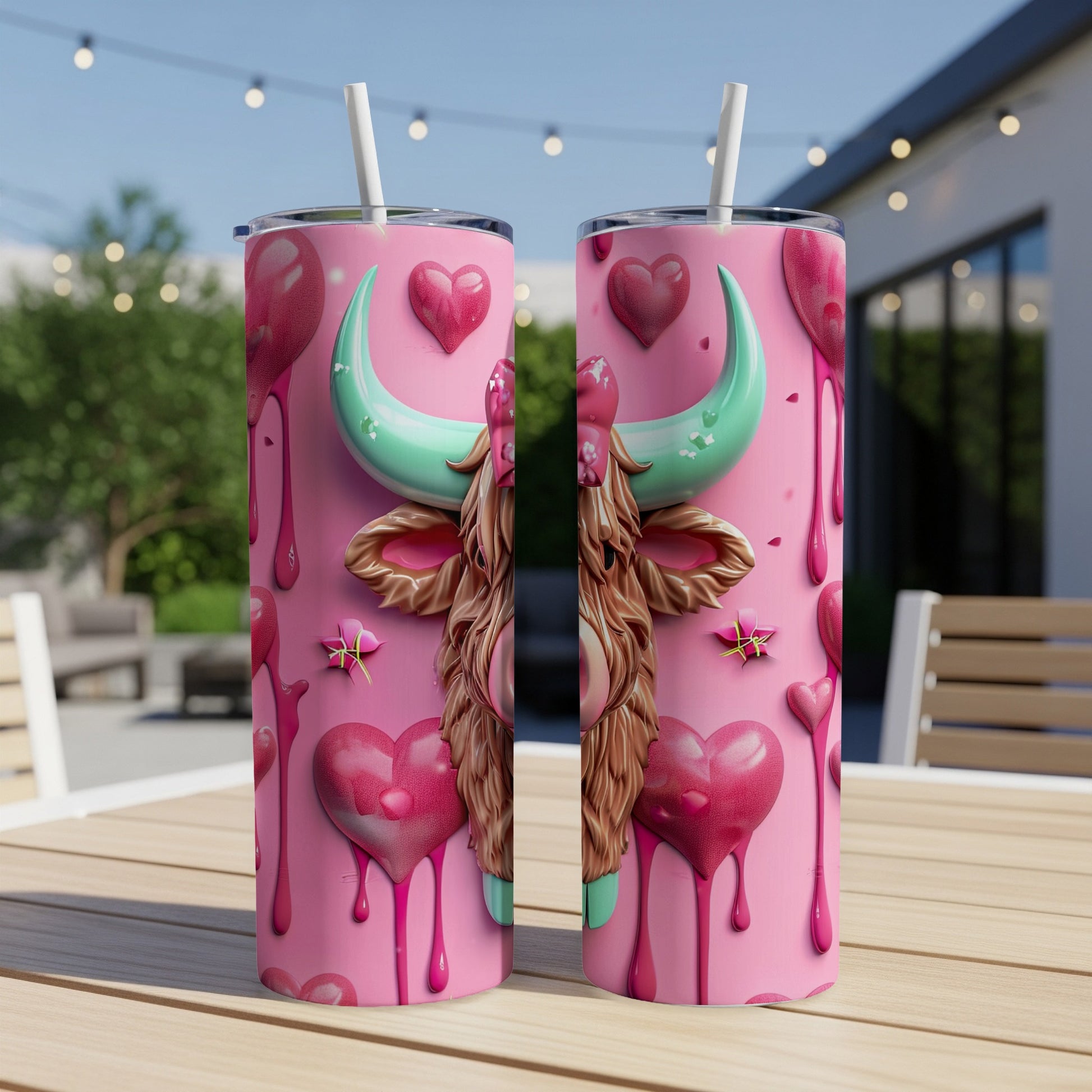 Pink tumbler with a cow head design and dripping hearts.