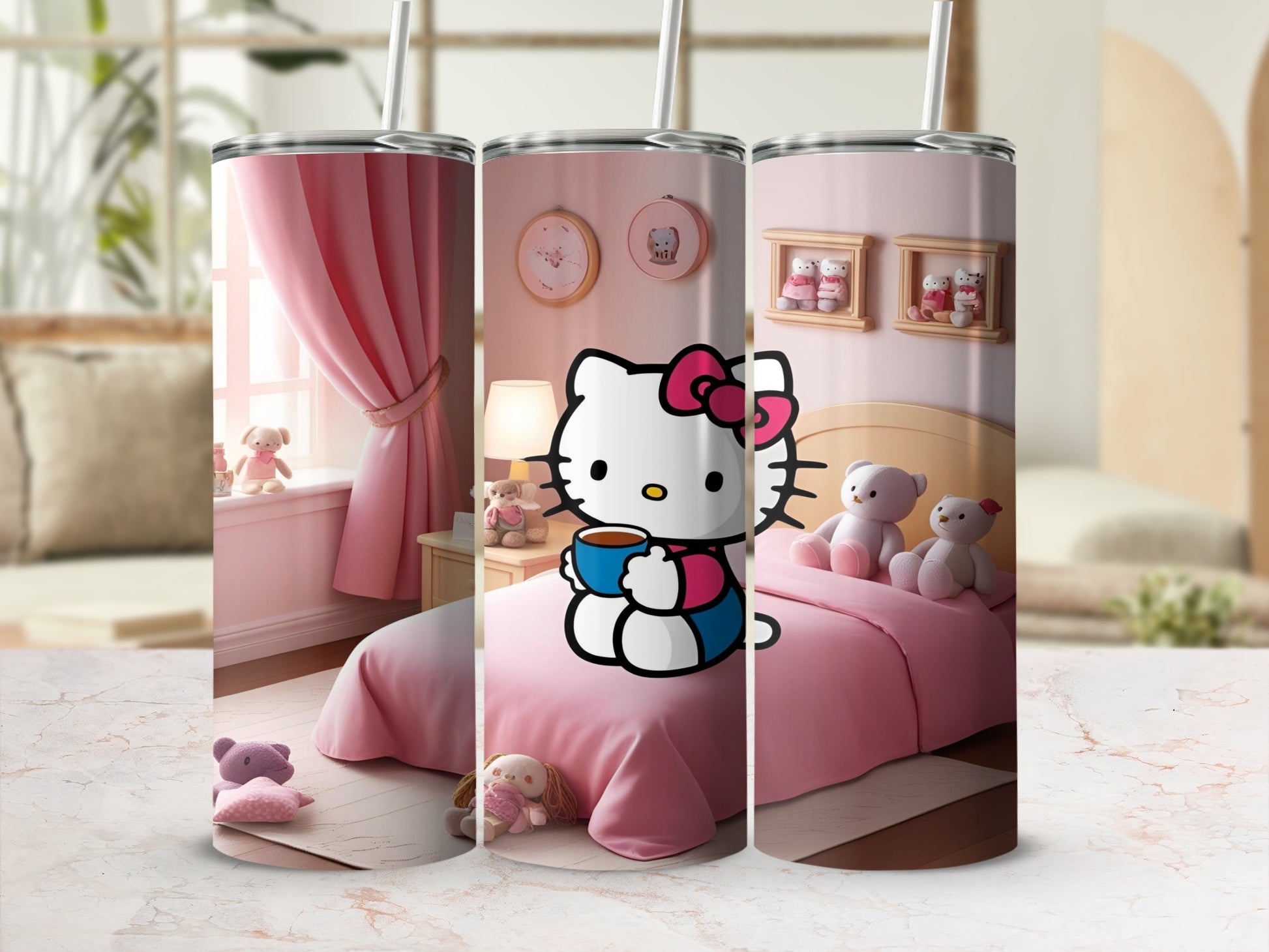 Hello Kitty holding a mug in a pink bedroom scene.