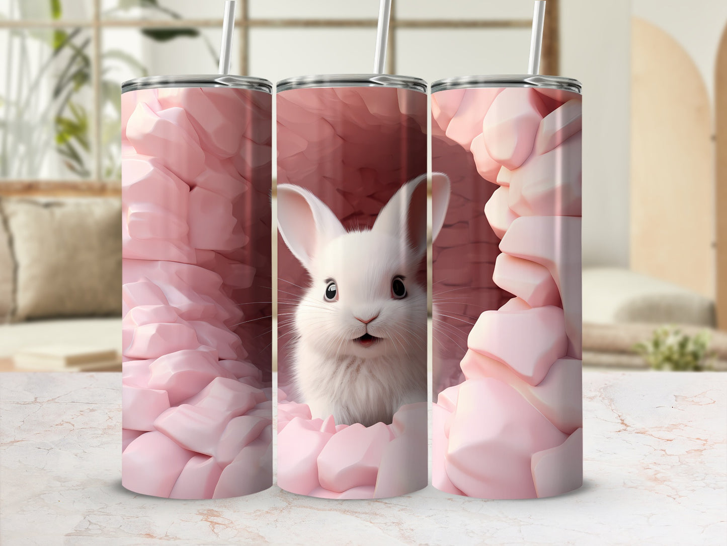 Cute Bunny Surrounded by Pink Rocks Tumbler Cup