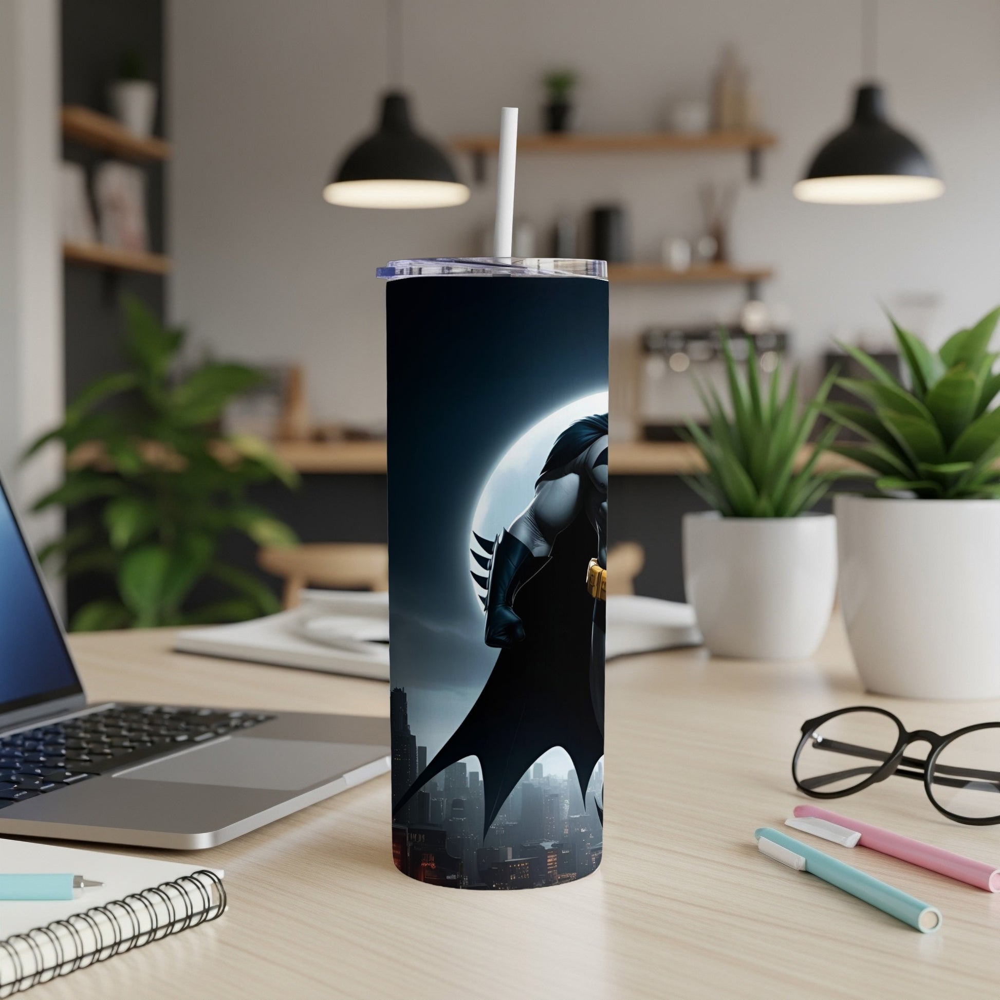 Batman tumbler with city skyline and moon backdrop.