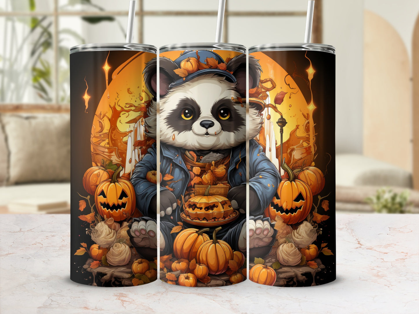 Panda wearing a hat and jacket, surrounded by pumpkins and autumn leaves.