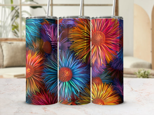 Three tumblers with vibrant floral patterns and straws displayed.