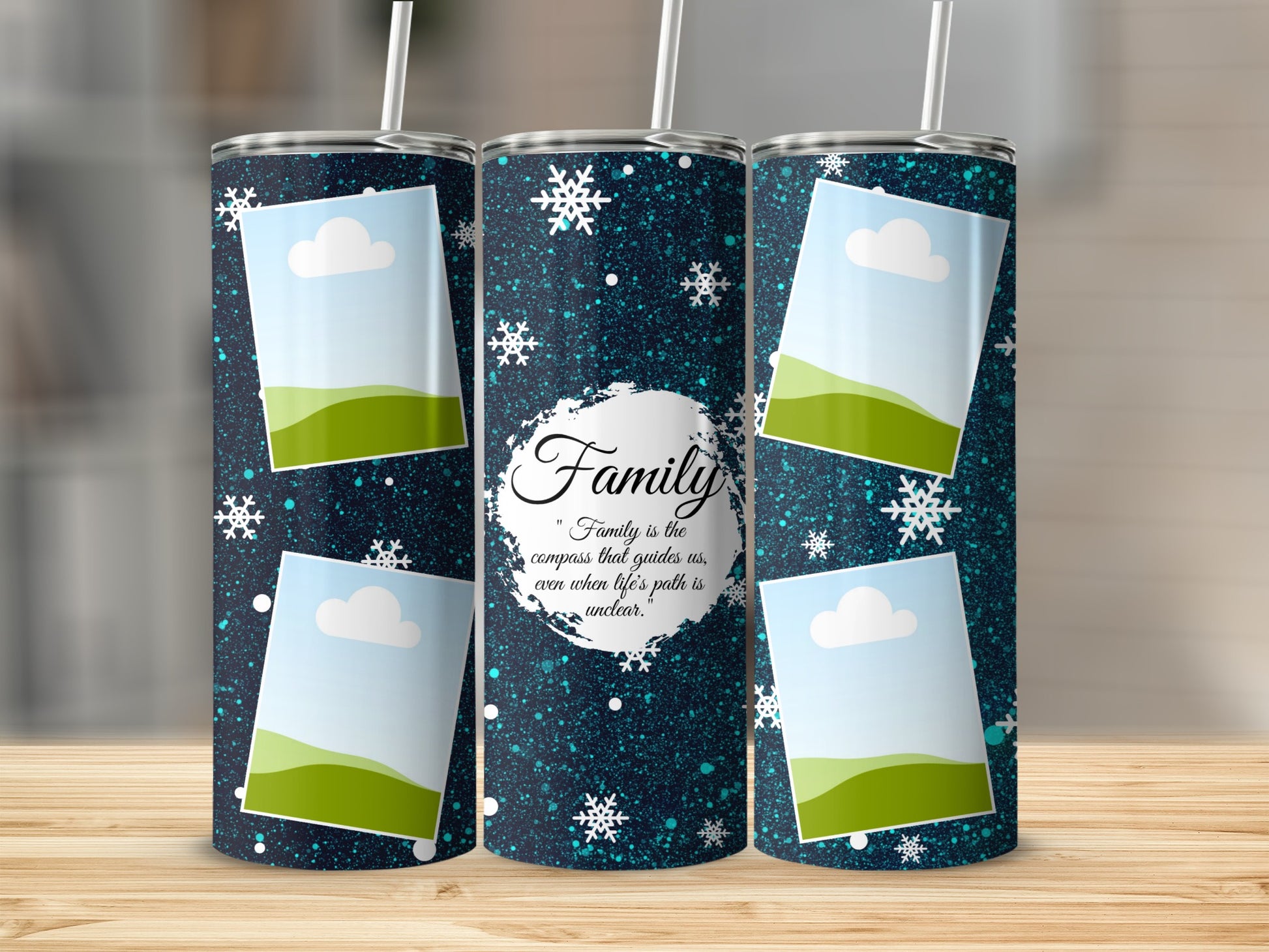 Tumbler with snowflakes and quote "Family is the compass that guides us".