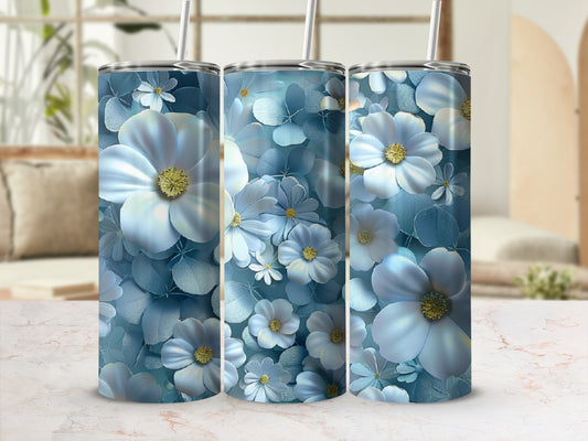Three tumblers with a blue floral pattern.