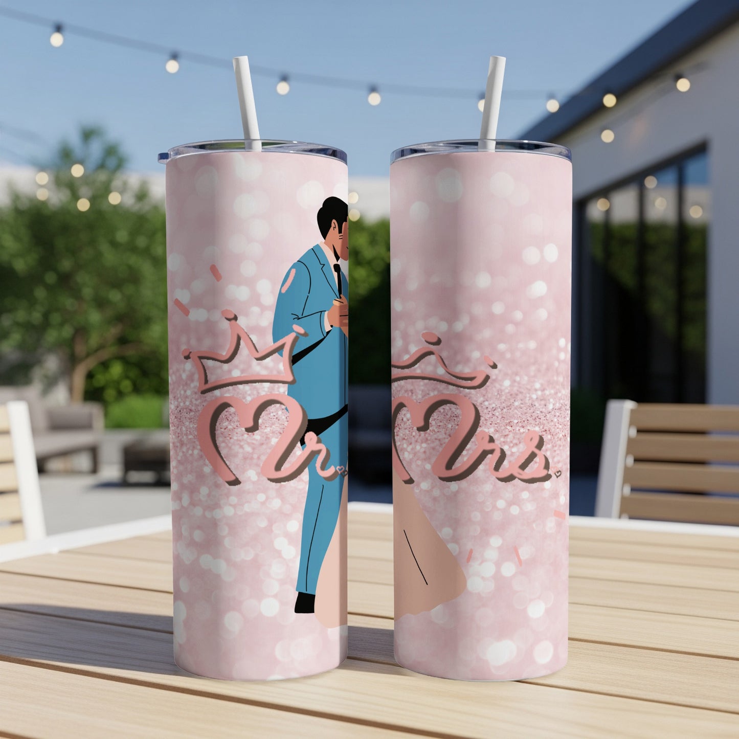 Pink glitter tumbler with "Mr. & Mrs." text and couple illustration.