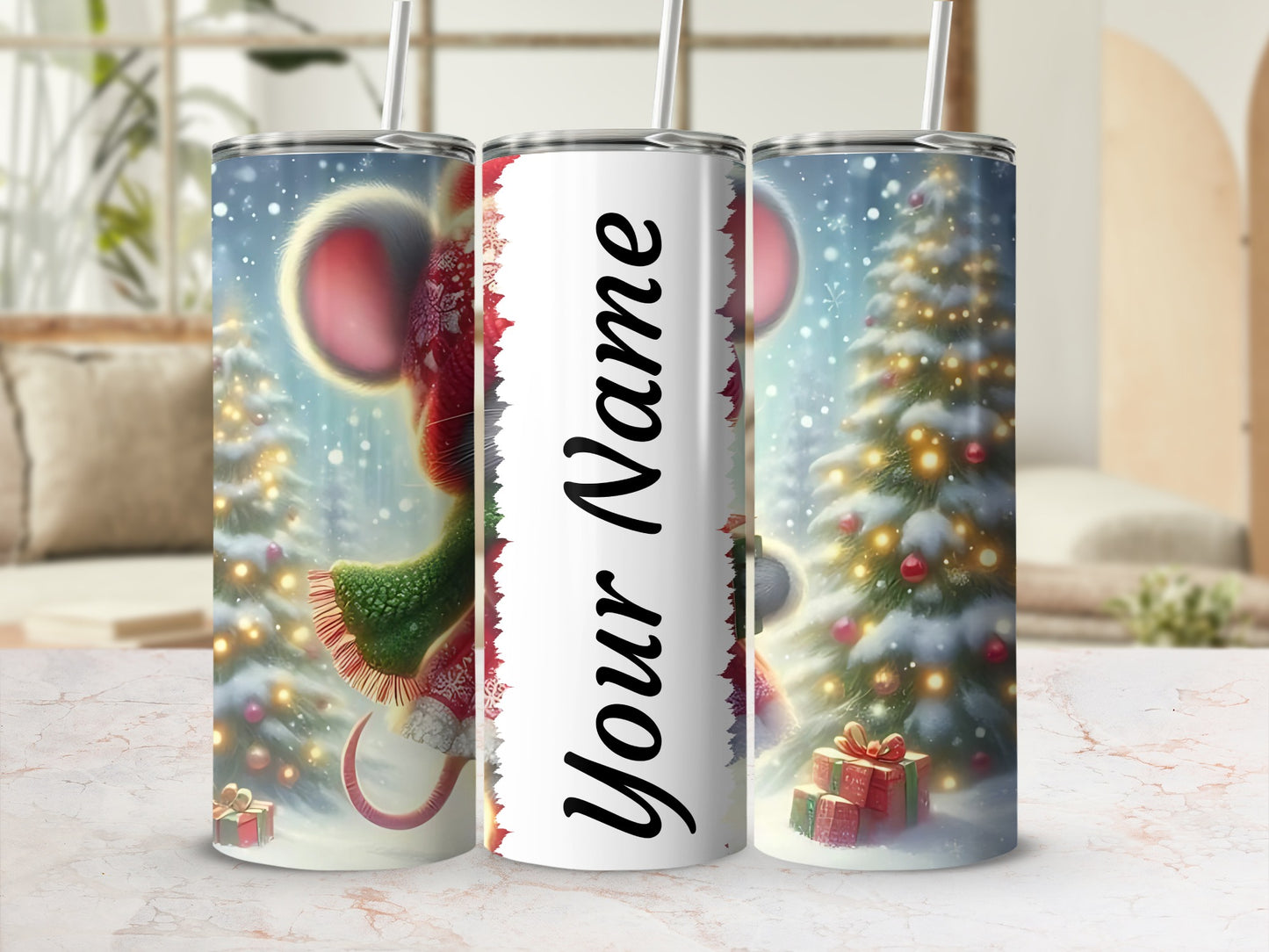 Personalized Christmas Mouse Holiday Tumbler with Straw