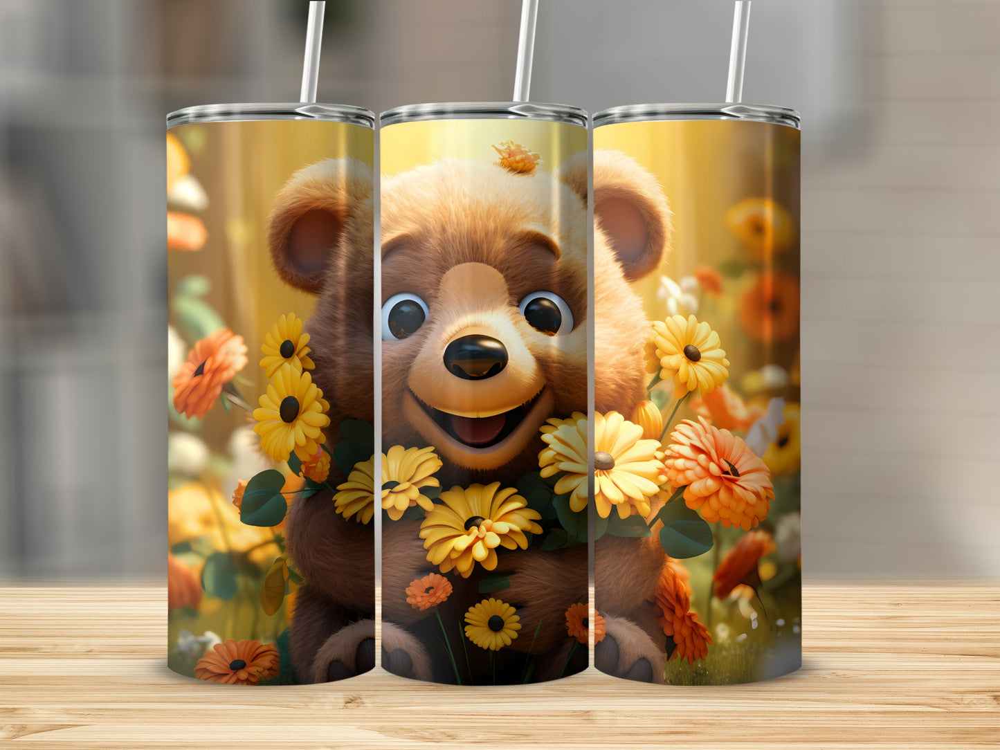 Happy Smiling Cartoon Bear Orange Yellow Flowers Tumbler product type