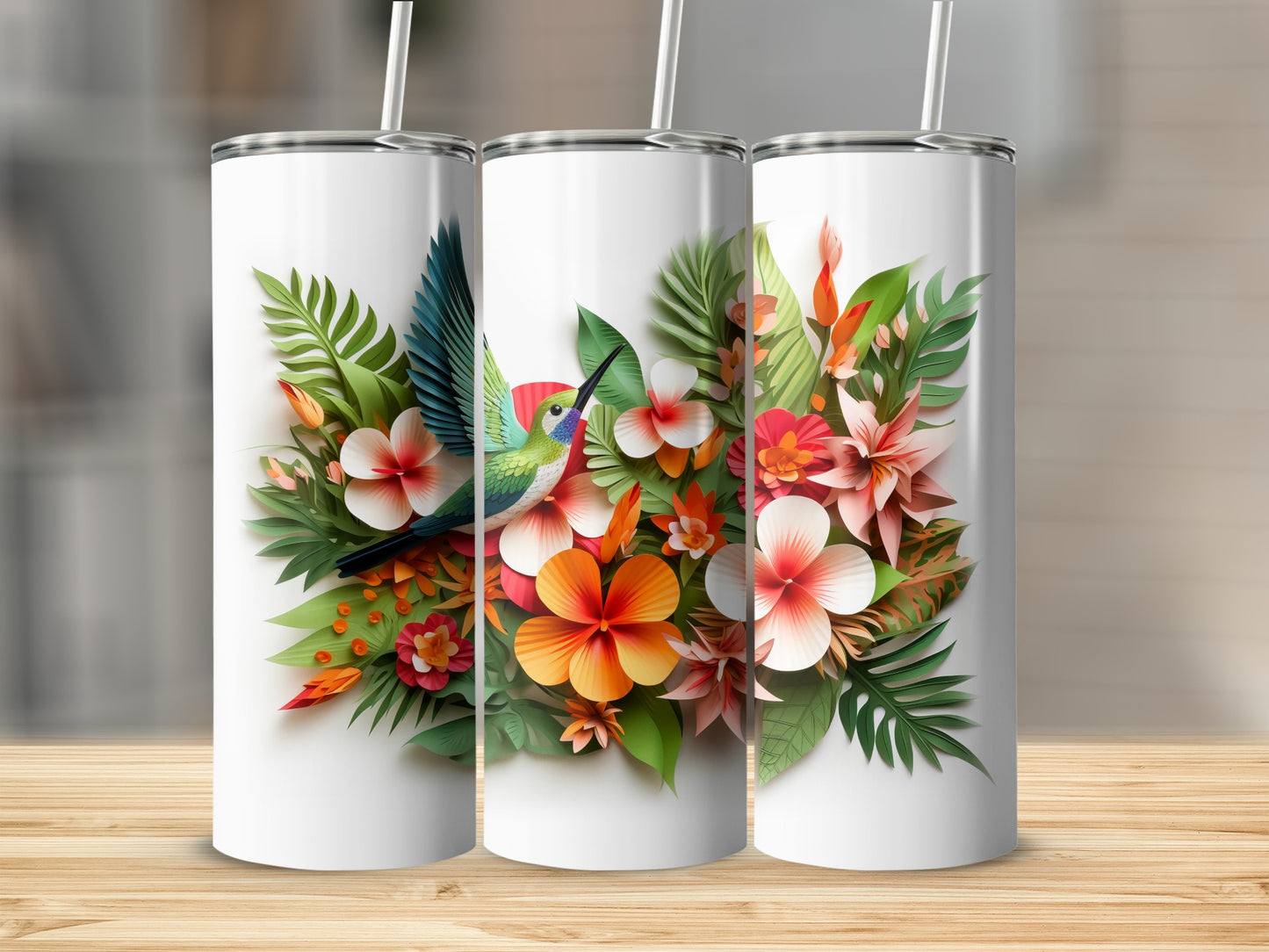 Colorful Tropical Floral Hummingbird Design Tumbler