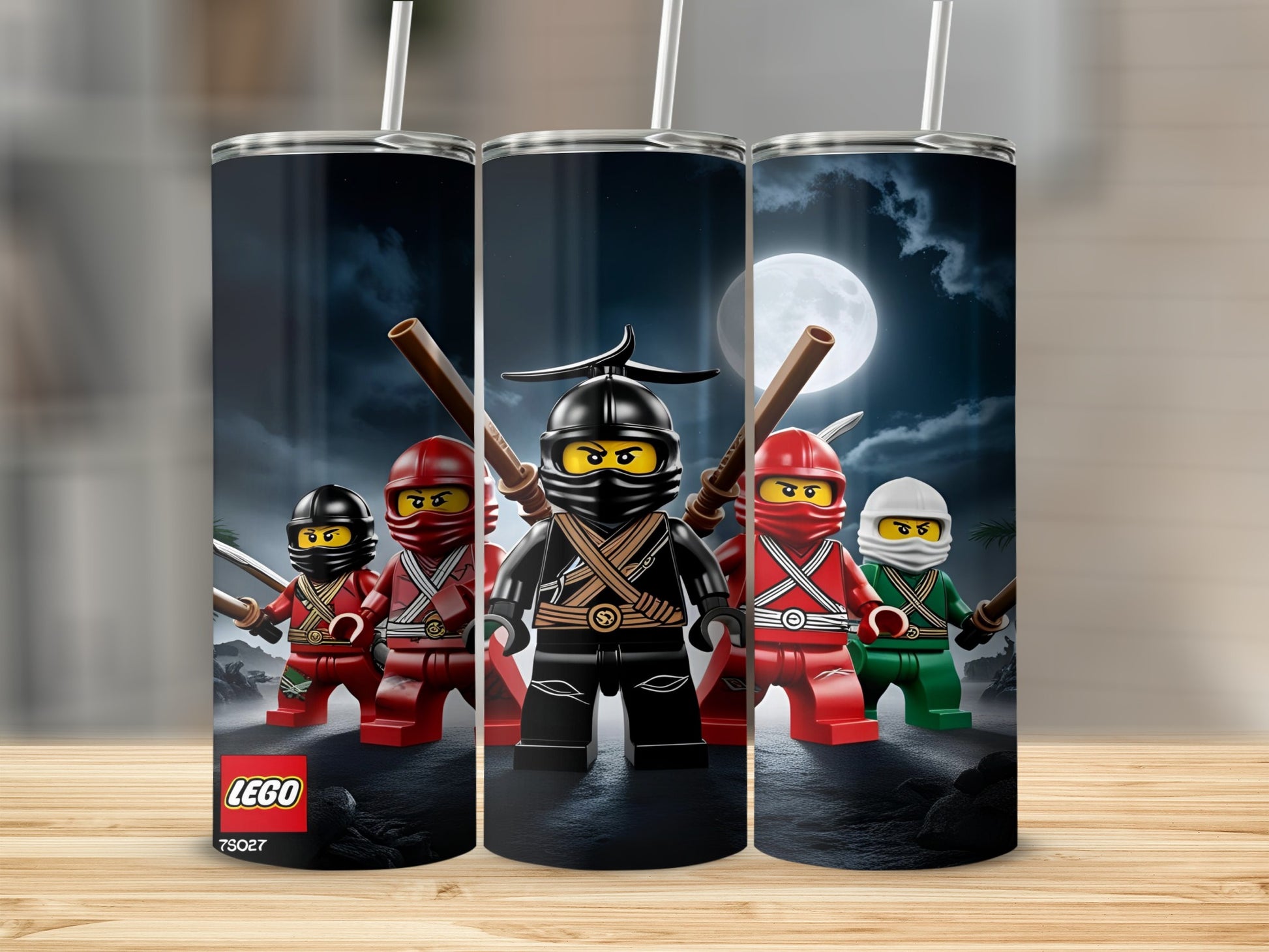 LEGO Ninjago characters in a nighttime scene with a full moon.