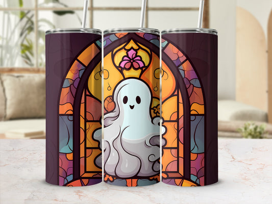 Ghost in stained glass design on a tumbler with straws.
