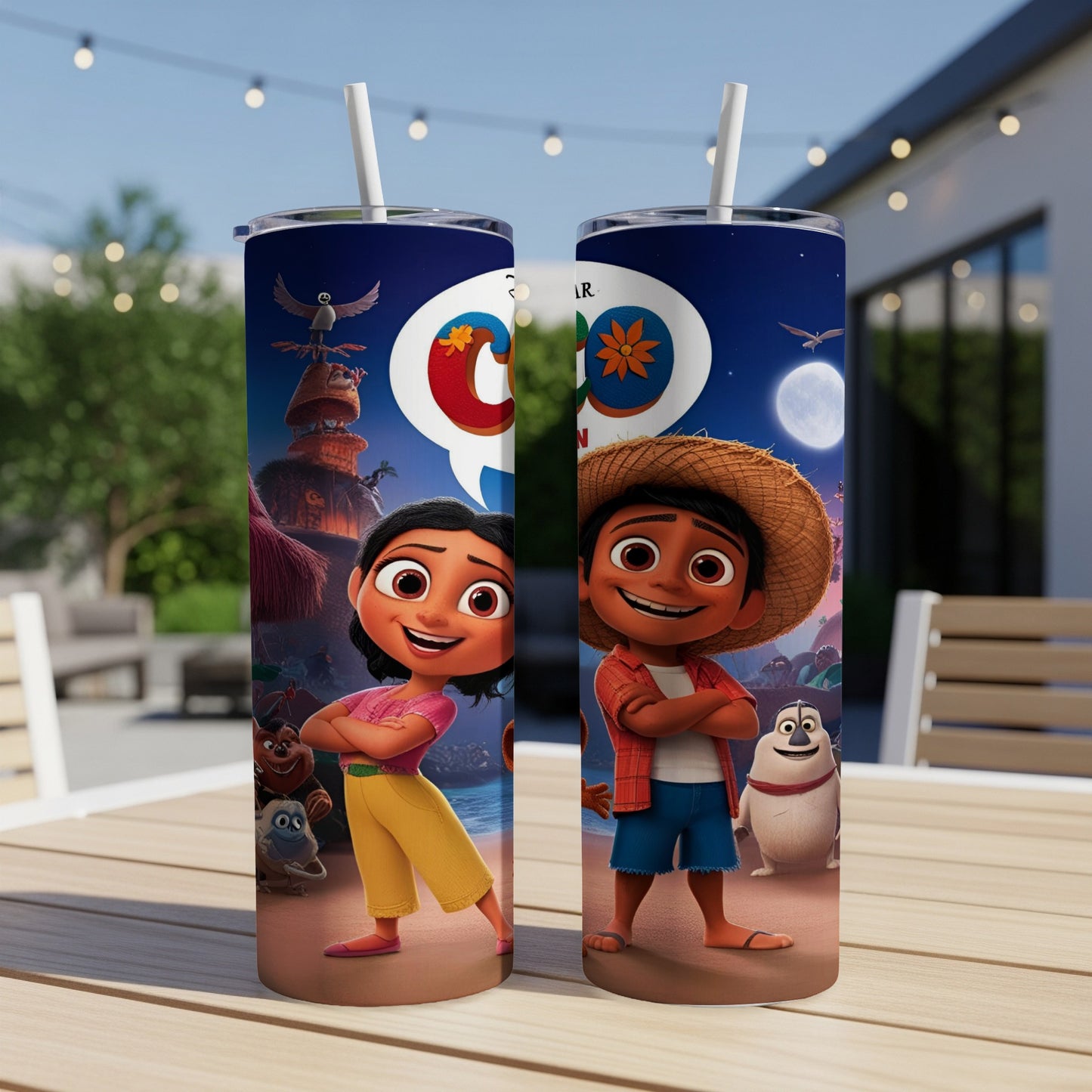 Two tumblers featuring animated characters from Encanto and the Disney Pixar logo.