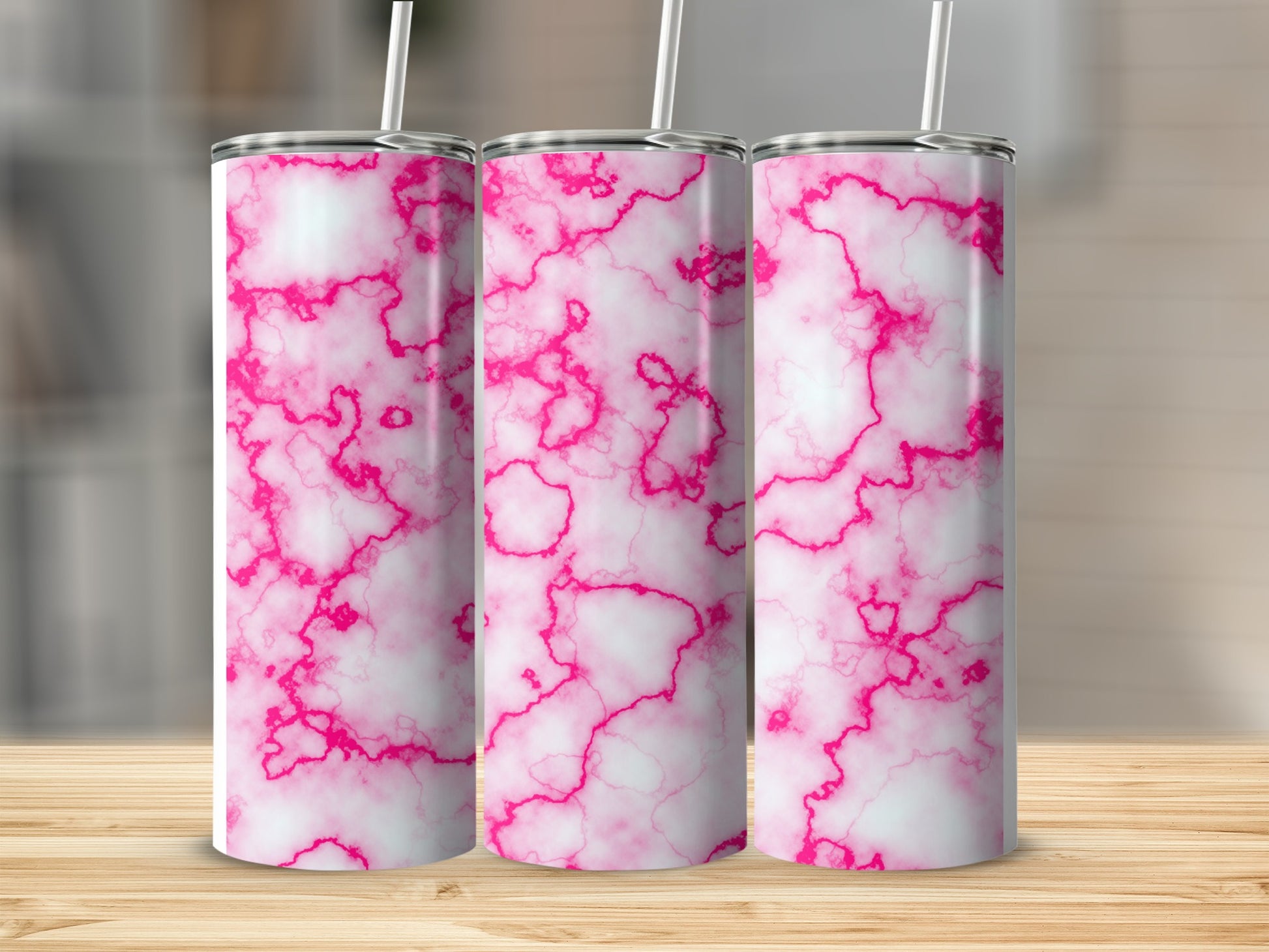 Three tumblers with a white and pink marble pattern.