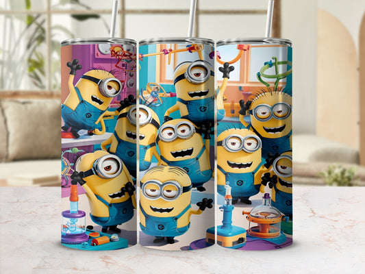 Minions in overalls gathered around scientific equipment.