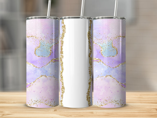 Three tumblers with marbled purple and blue watercolor design and gold glitter accents.