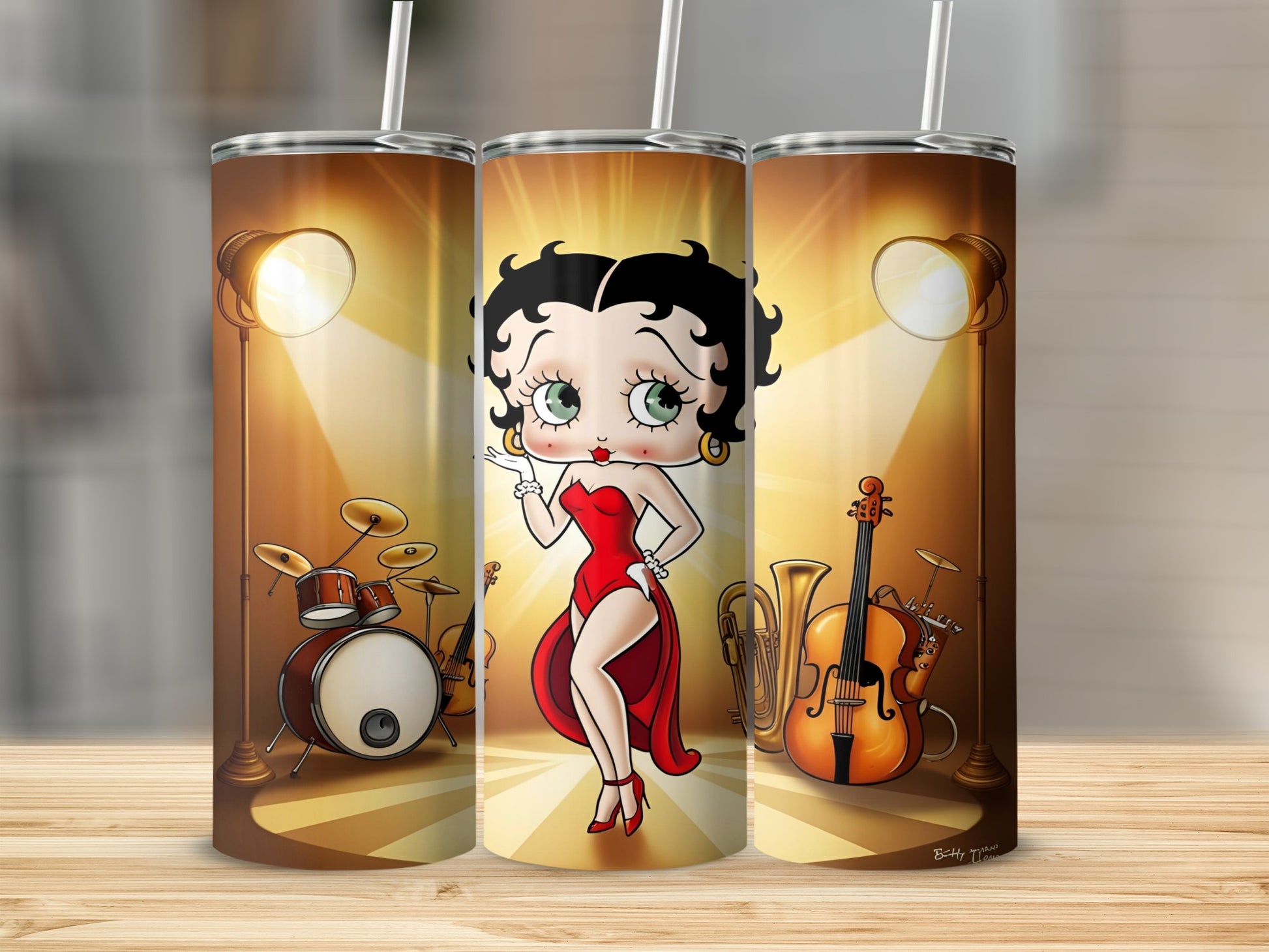 Betty Boop in red dress with musical instruments on stage spotlight background.