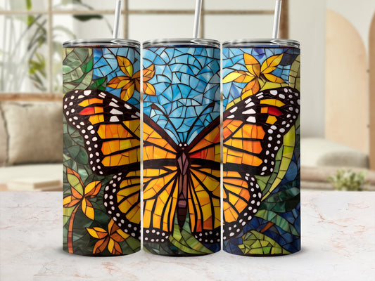 Three tumblers featuring a stained-glass butterfly and floral mosaic design.