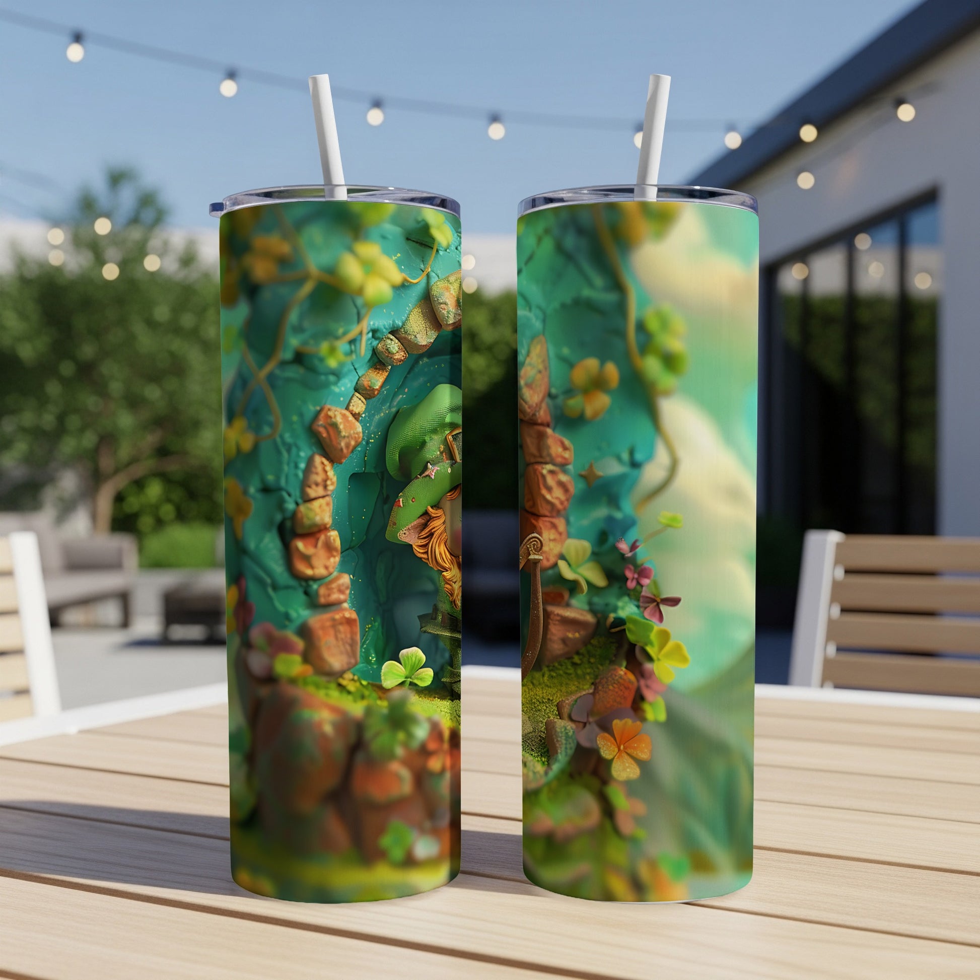 Green gnome character in a whimsical forest setting on a tumbler.