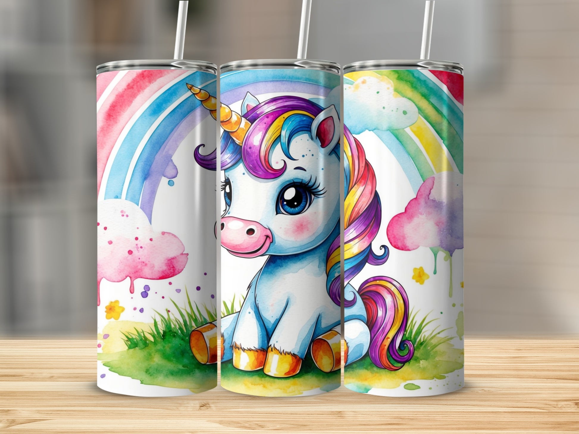 Unicorn with rainbow and clouds on a tumbler.