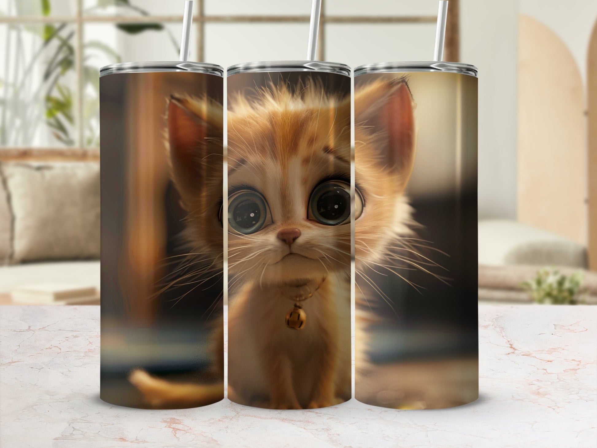 Triptych of a cute orange kitten with big eyes on a tumbler.