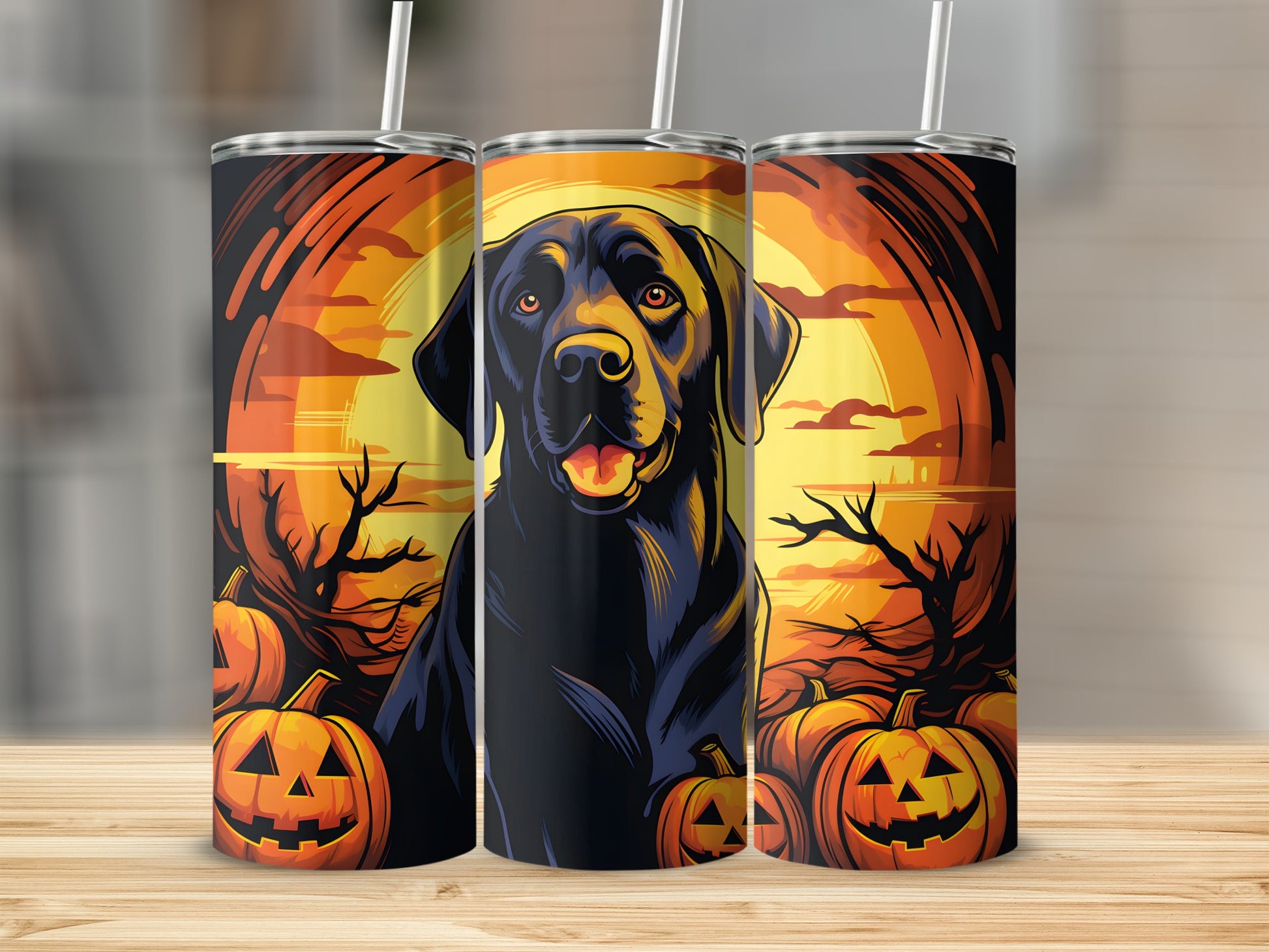 Black Labrador dog with pumpkins and spooky trees on a Halloween sunset tumbler.