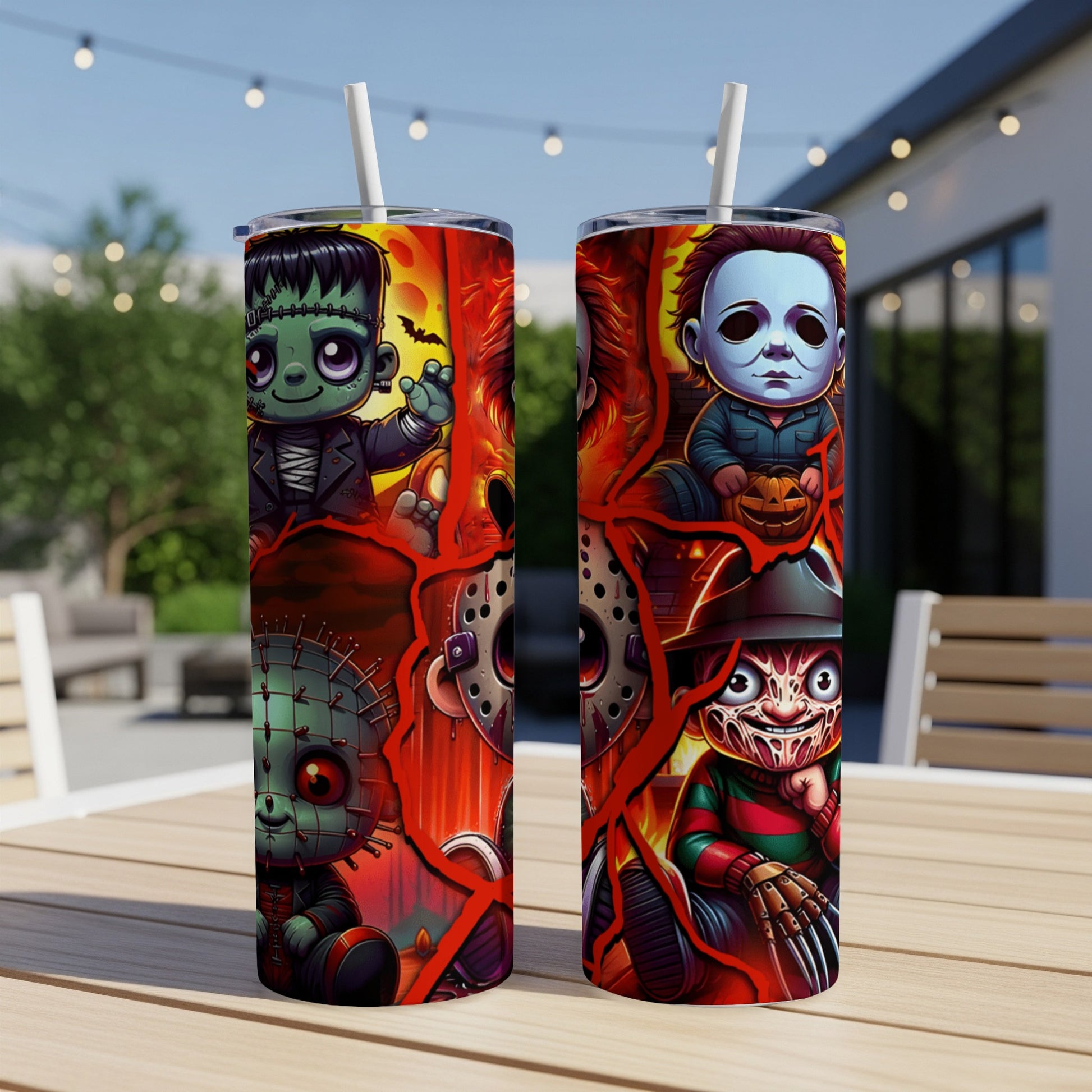 Two Halloween character tumblers on table: Frankenstein, Michael Myers, Pinhead, Freddy Krueger.