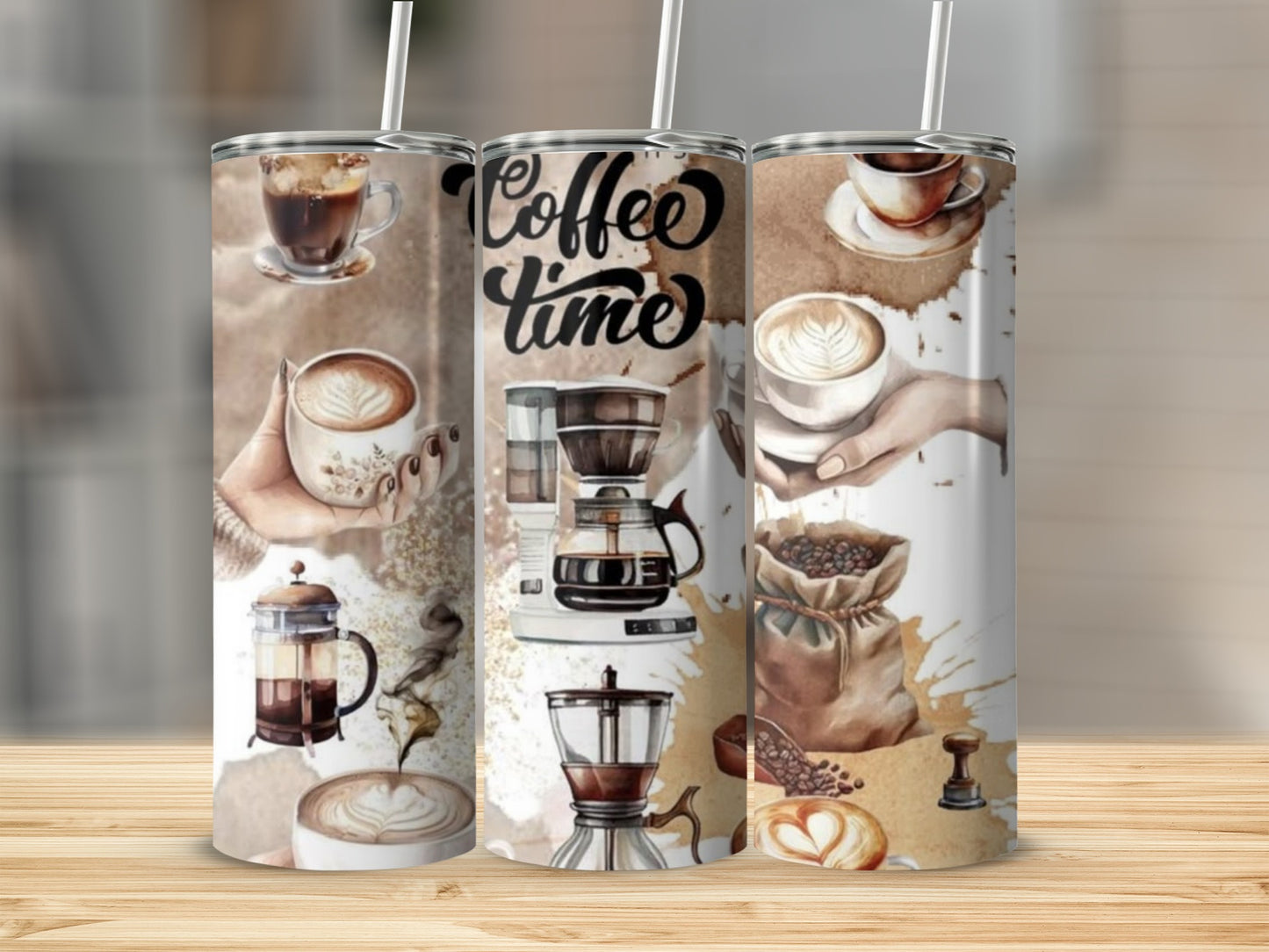 Coffee Time Themed Tumbler with Coffee Art Design