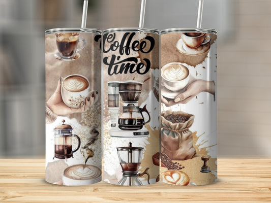 Coffee Time Themed Tumbler with Coffee Art Design