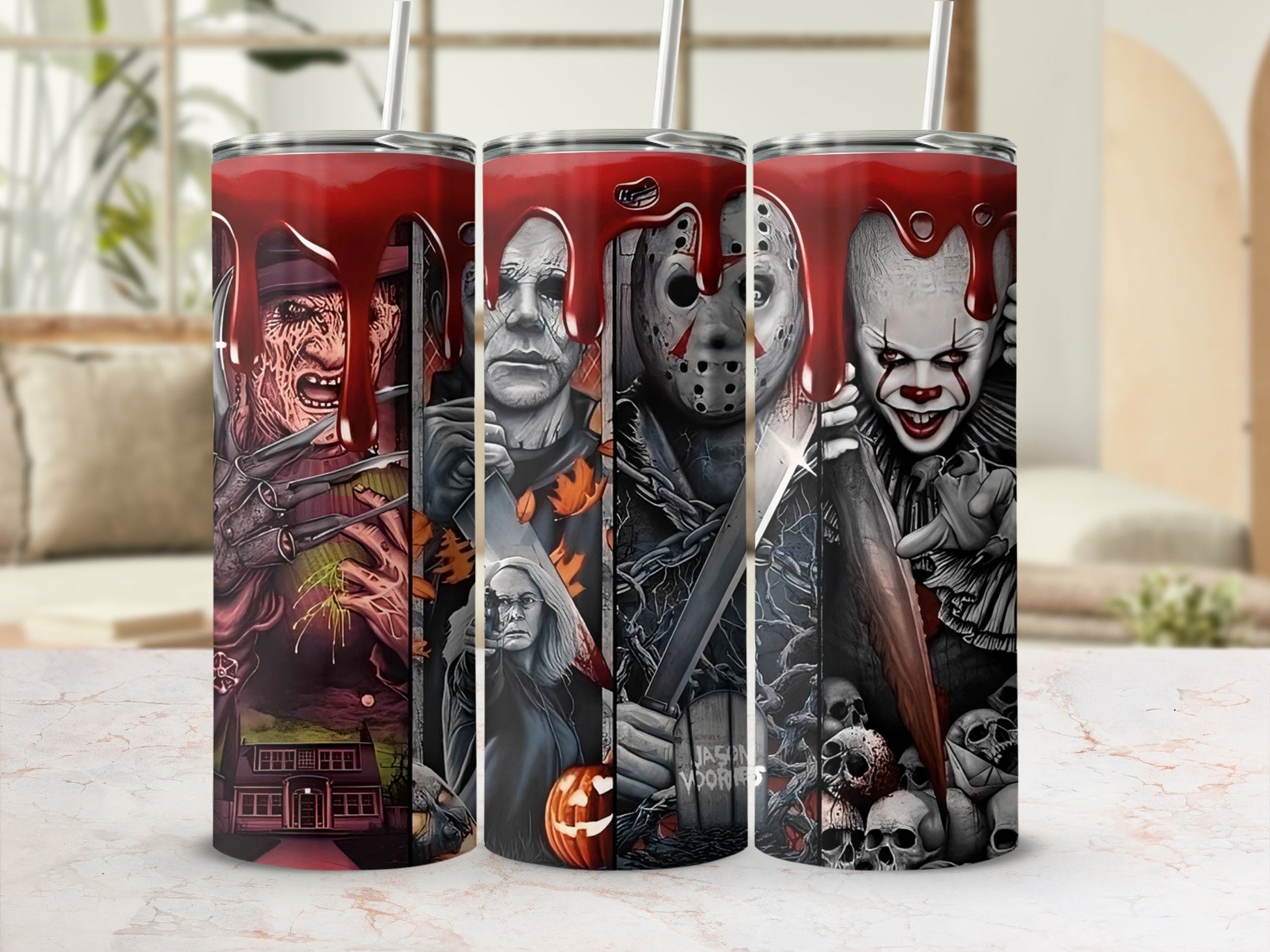 Tumbler with horror movie villains, dripping blood design, and straws.