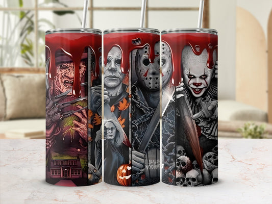 Tumbler with horror movie villains, dripping blood design, and straws.