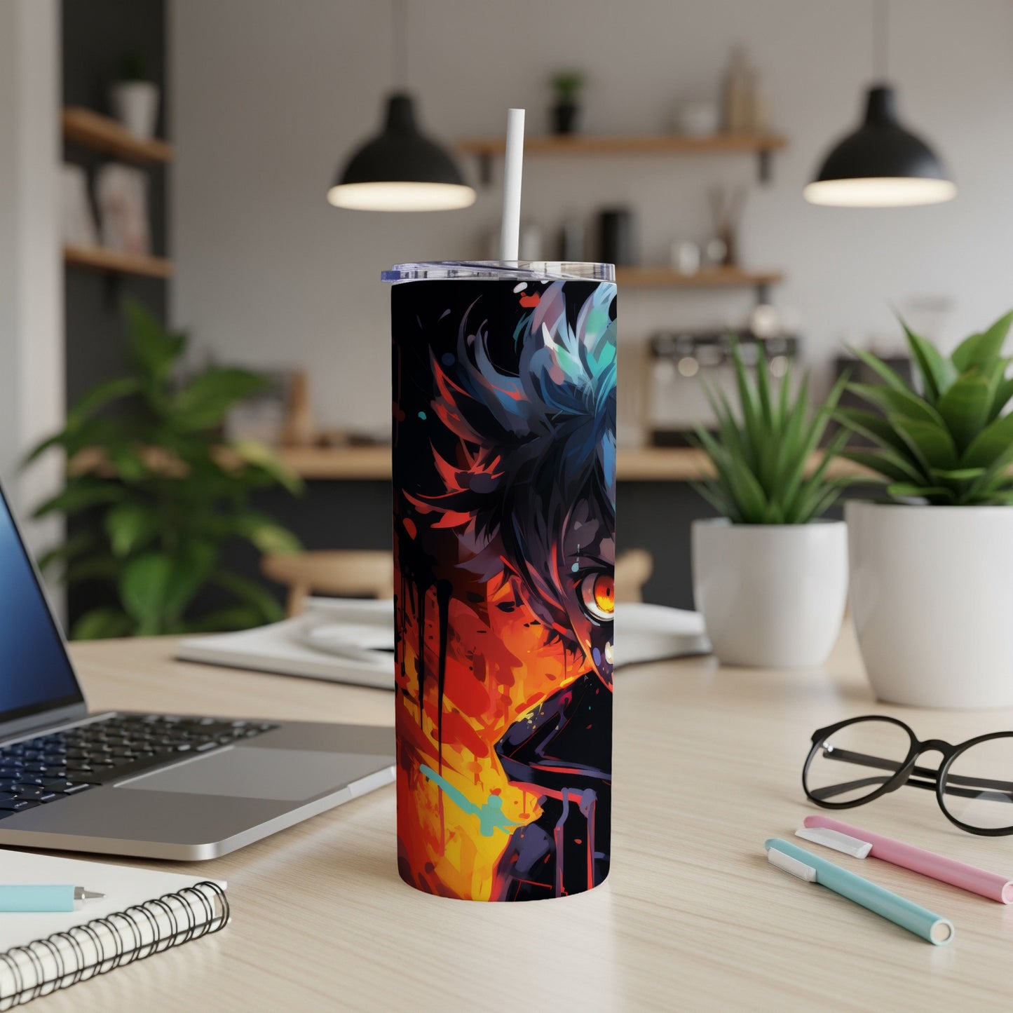 Tall tumbler with anime character art featuring fiery colors and bright blue accents.